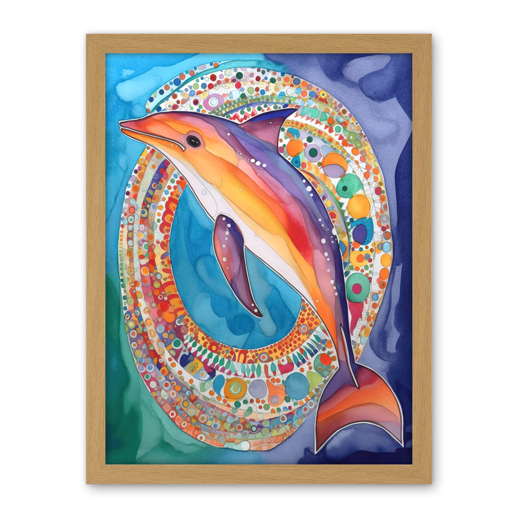 Artery8 Rainbow Dolphin And Pattern Hoop Folk Art Watercolour Painting Artwork Framed Wall Art Print 18X24 Inch