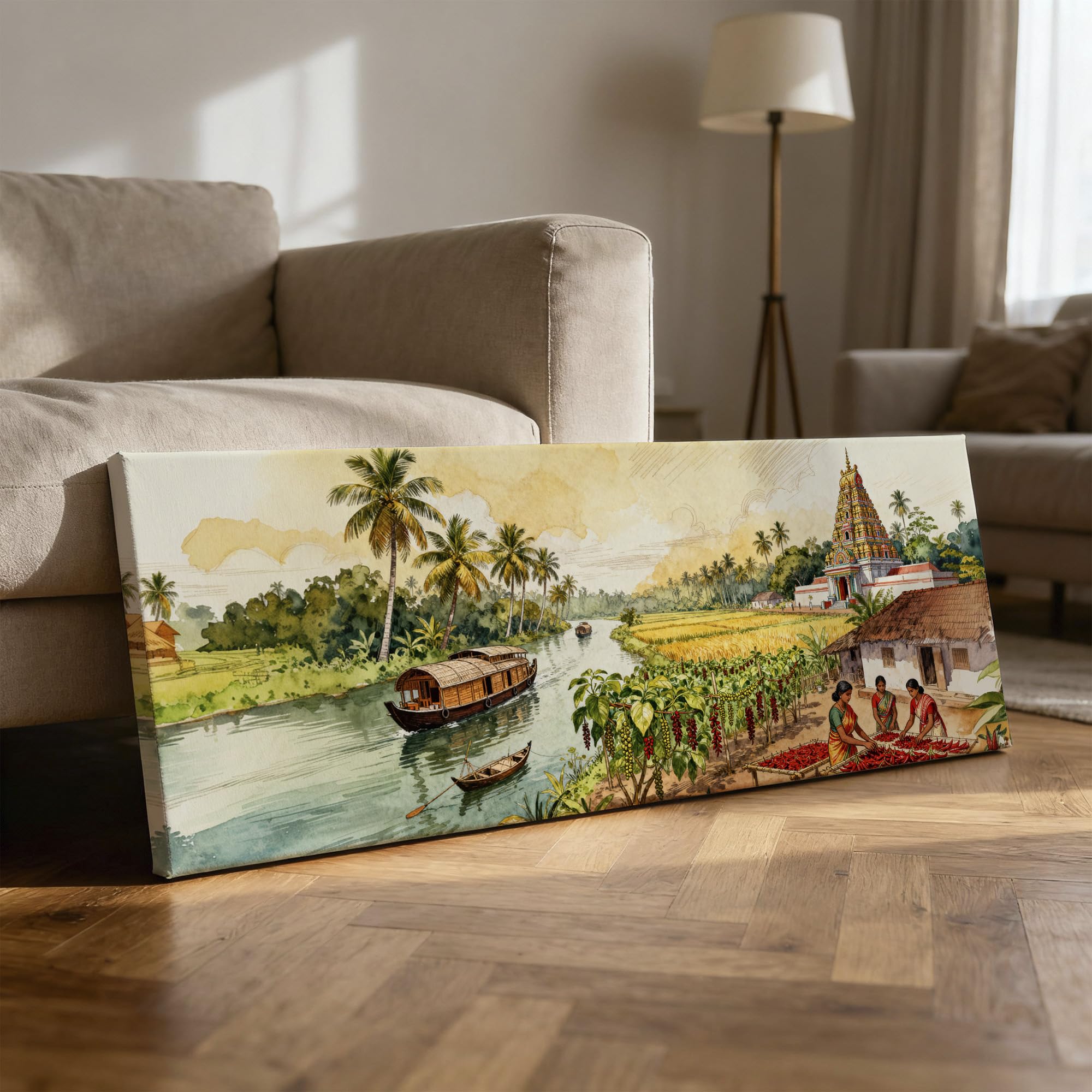 SoulAbiti South Indian Temple & Fields Unframed 36x14 inches Rolled Canvas Wall Expressionism Art UV Print Painting for Living Room, Bedroom & Office Decor Premium Gloss Vivid Fade-Resistant Print 2