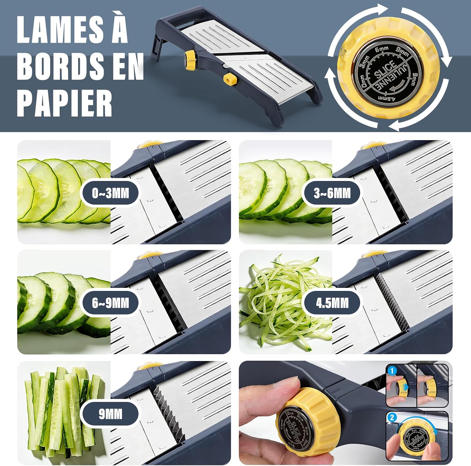 Masthome Mandoline Cuisine Professionnelle, 10 en1 Coupe Legumes Multifonctions, Mandoline Manuel avec Lames en Acier Inoxydable Réglables, Rapeuse Legume Équipée d’ un Brosse et de Gants de Sécurité — vue 4
