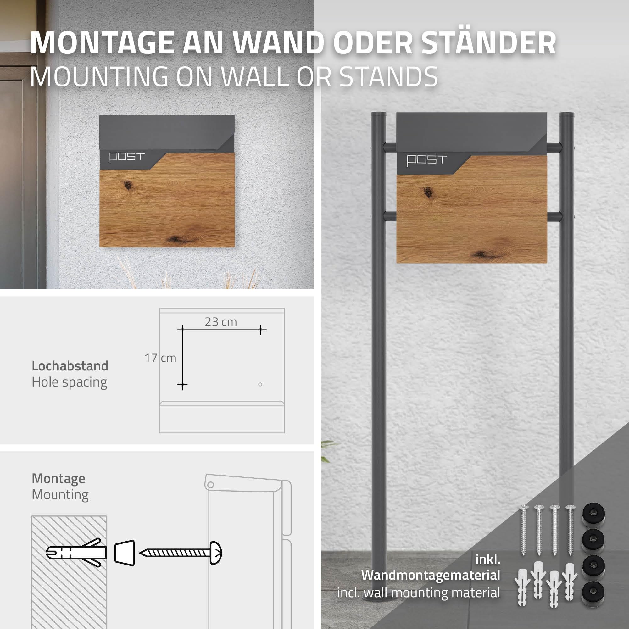 ML-Design Cassetta Postale per Lettere in Acciaio Verniciato a Polvere Antracite Aspetto di Legno 37x37x11 cm con Scomparto per Giornali Riviste Serratura 2 Chiavi incl. Materiale per Montaggio a Muro