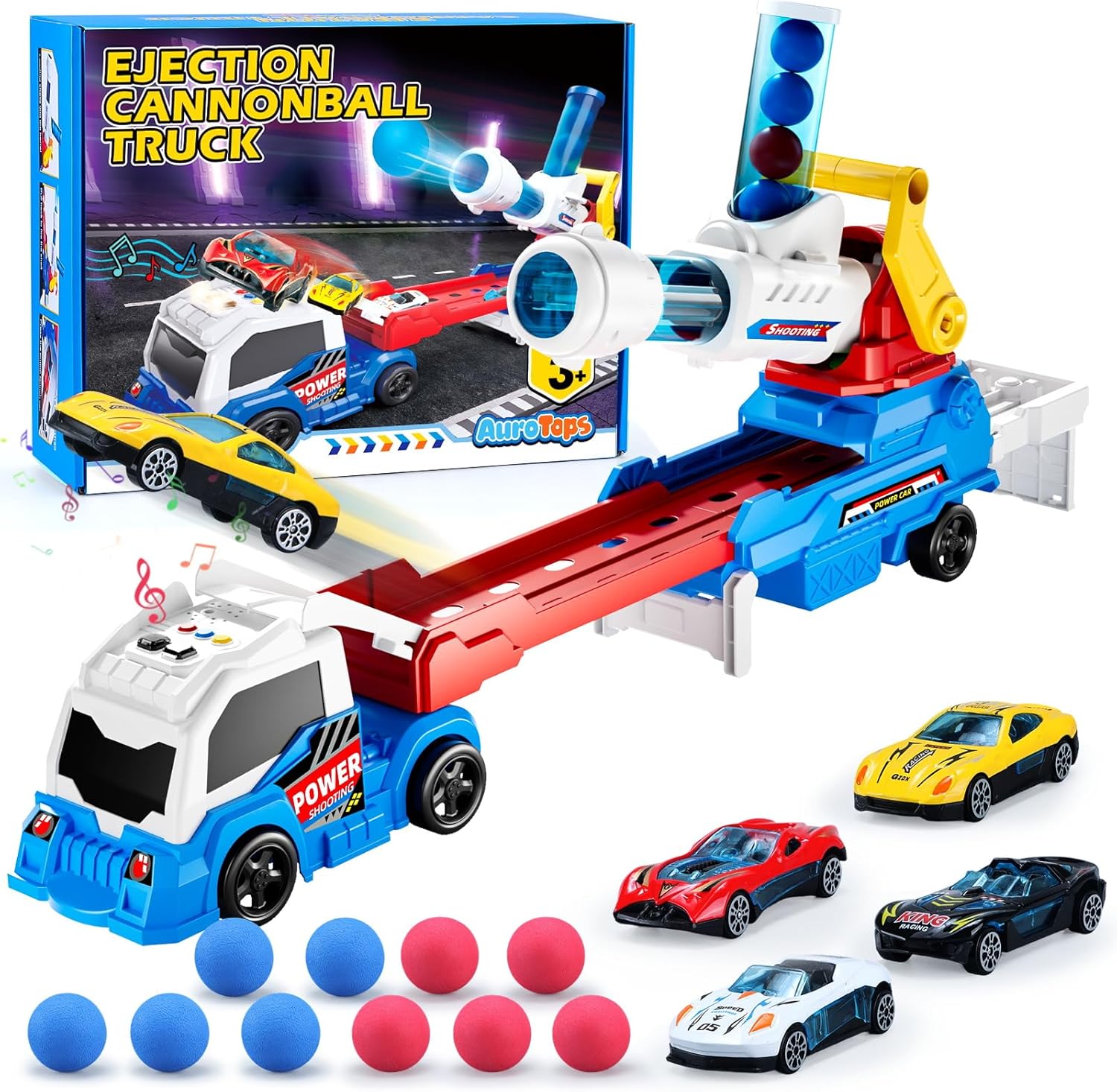 AuroTops Boy Toys Age 3 4 5 6 Year Old Boy Gifts for Kids Gifts Toy Trucks with Light & Sounds Toys for Kids Age 3 4 5 6 7 8 Years Old,Include Eejection&Shooting Truck,4 Racing Cars