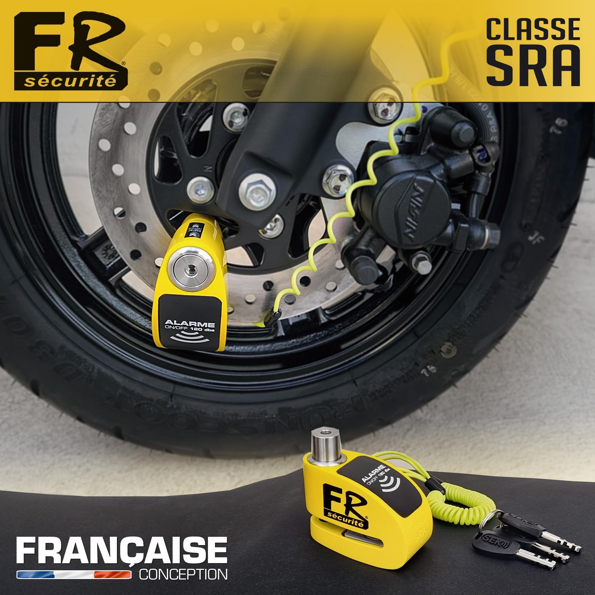 FR SECURITE FR410Y Bloccadisco Moto Lucchetto Omologato Allarme 120dB Opzionale, Doppia Chiusura ø10mm, Serratura Alta Sicurezza, Acciaio Inossidabile, Antifurto Blocco Scooter Bicicletta