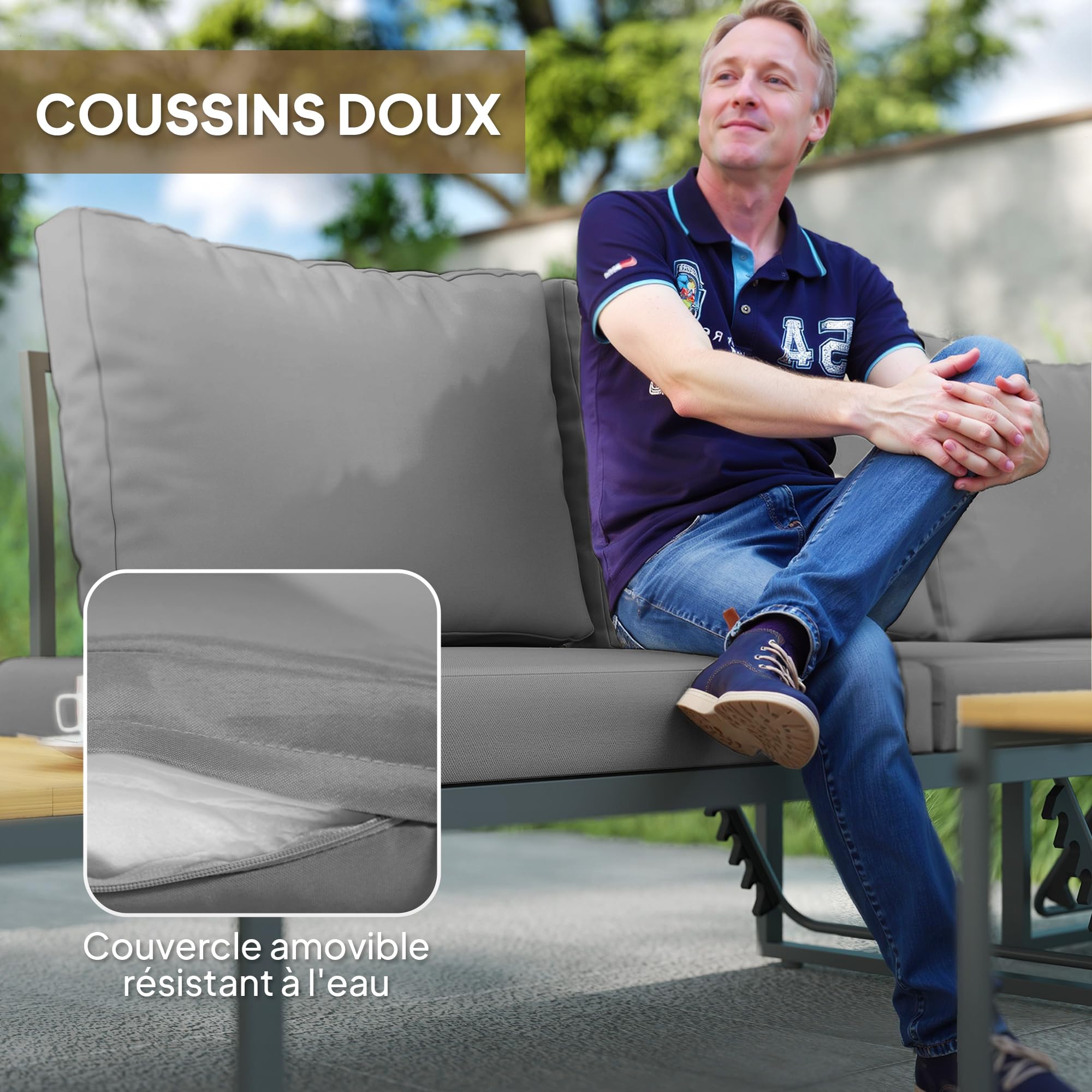 Outsunny Salon de Jardin extérieur d'angle 6 Places modulable en Bois d'acacia avec canapés et Table Basse, Dossier Ajustable, Coussins Inclus, chaises Longues pour terrasse Patio Jardin, Gris
