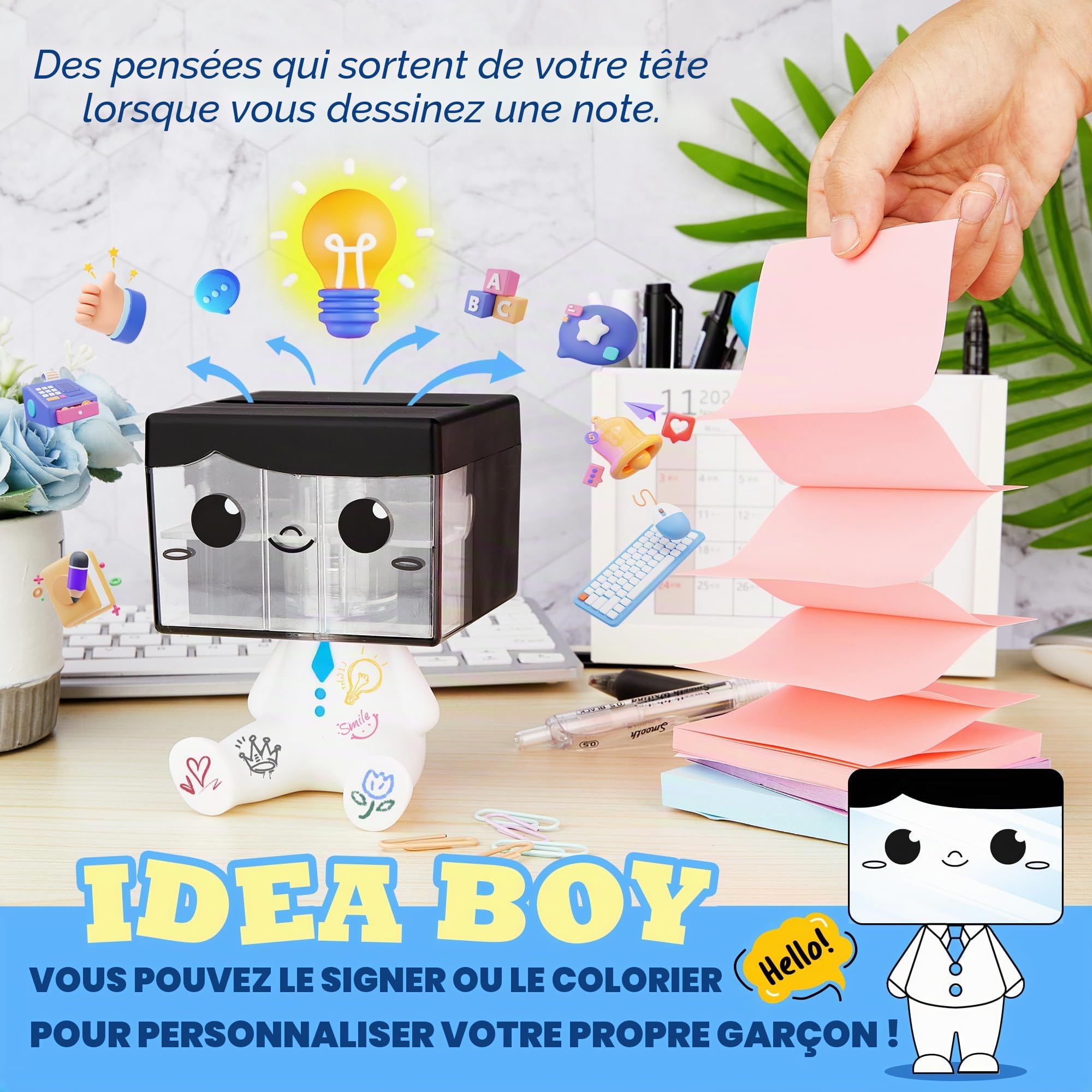 Idea Boy Distributeur de notes autocollantes pour bureau, école, fournitures de bureau mignonnes, 7,6 x 7,6 cm, design magnétique, blanc, 1 pièce