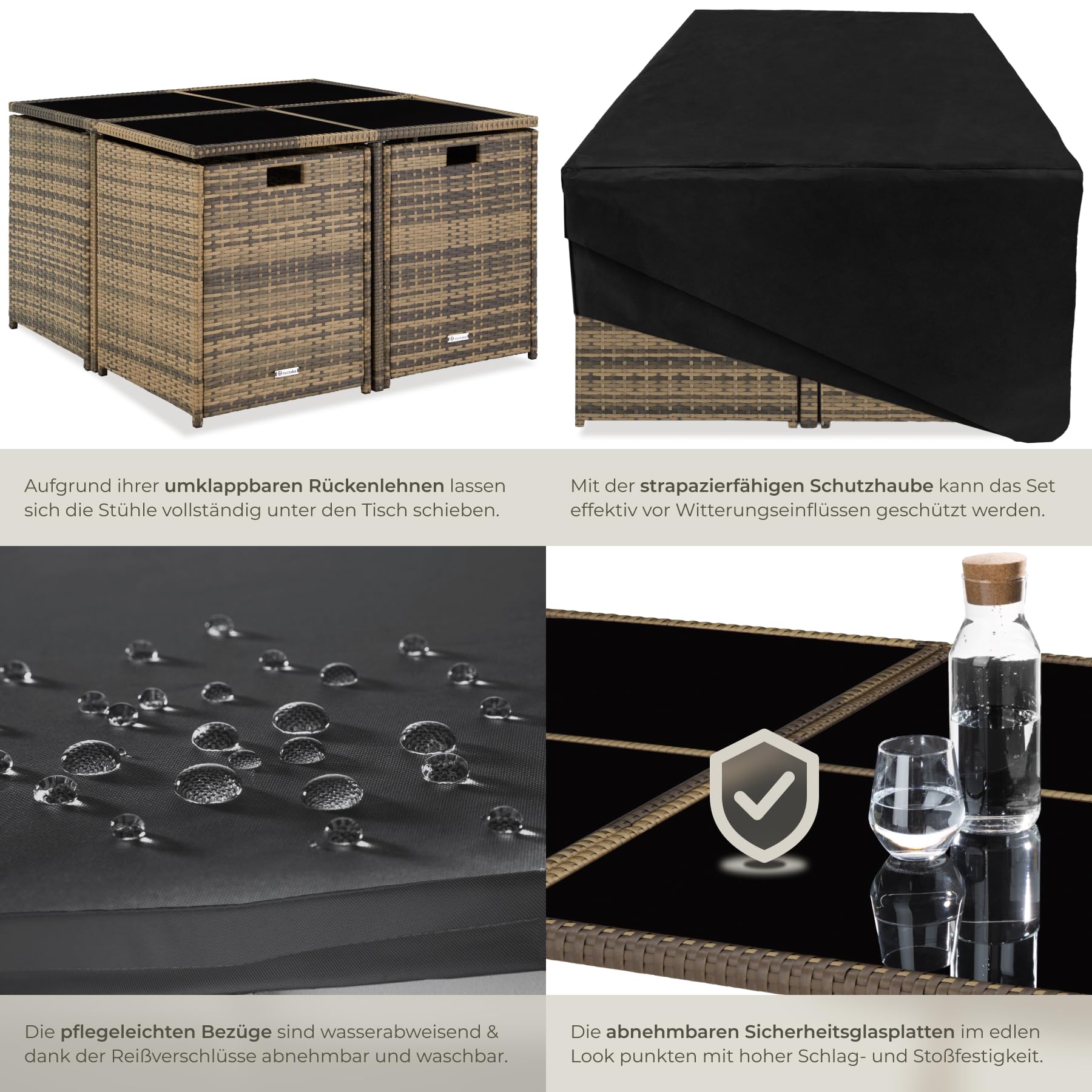 tectake Lounge Möbel Set aus 4X Stühle, 1x Tisch, 4X Hocker, wetterfest und platzsparende Cube Aufbewahrung inkl. Schutzhülle, Outdoor Rattan Gartenmöbel für Balkon, Garten und Terrasse - Natur