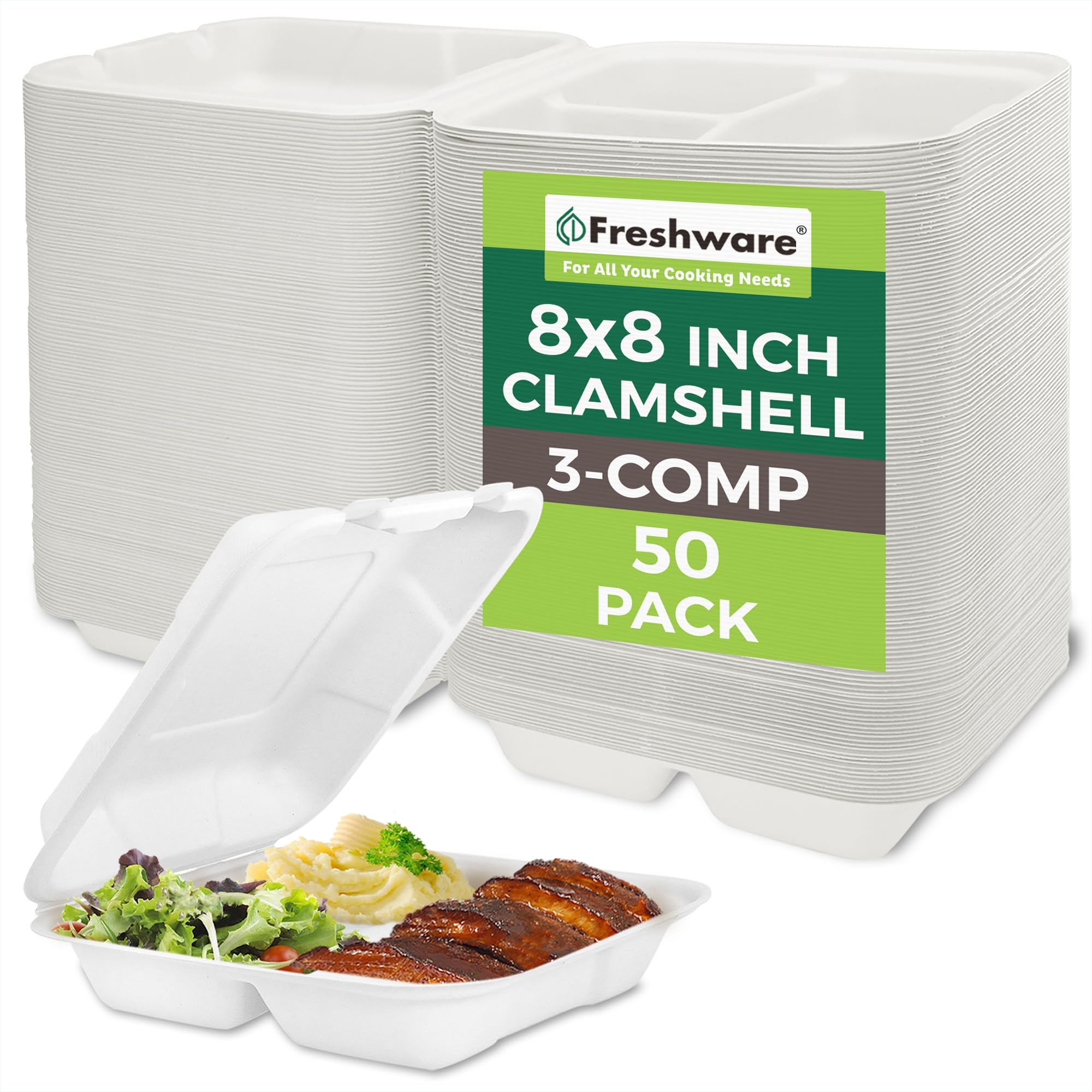 FreshwareCompostable Clamshell Food Containers [8x8] 3-Compartment 50-Pack, Disposable Containers, Biodegradable Sugarcane To Go Boxes - Paper Food Containers - Microwave & Freezer Safe, Stackable