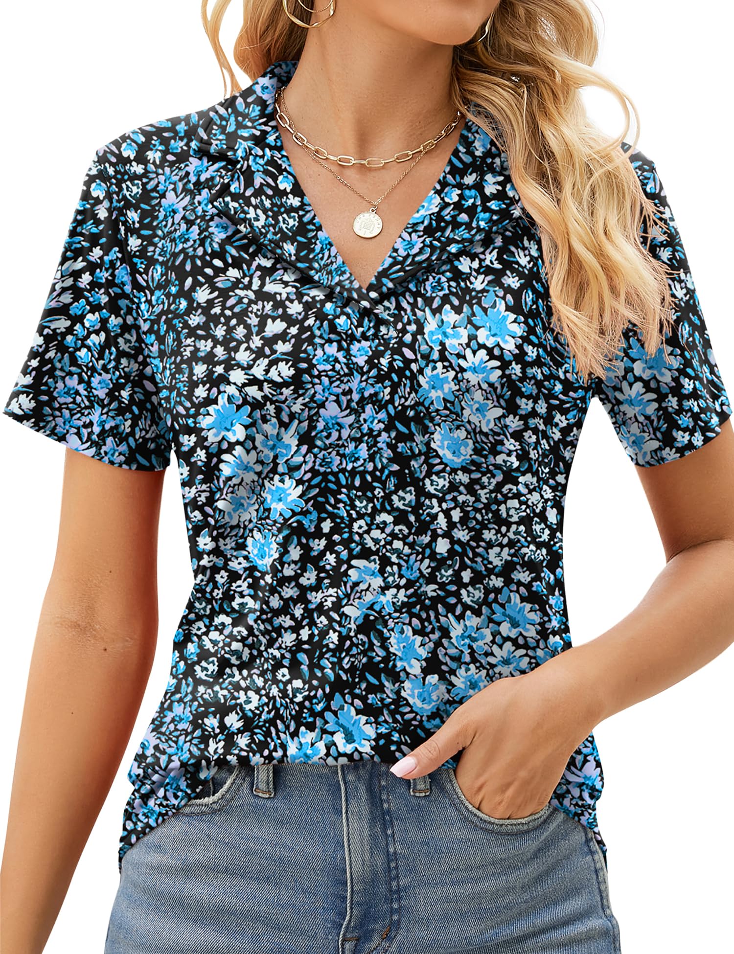 Rapbin Women's Polo Shirts Lapel Collar V Neck Short Sleeve Blouse Dressy Casual Tunic Tops