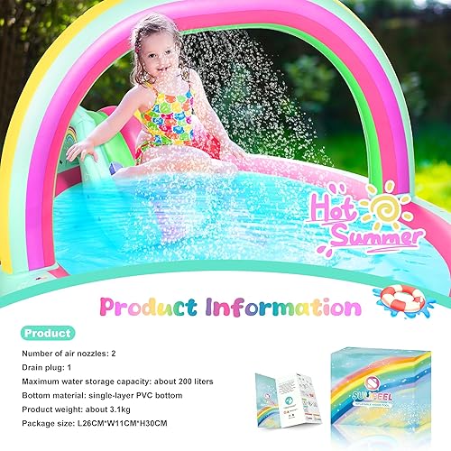 Miniatura 6 de SULIFEEL Centro de juegos inflable de unicornio arcoíris para niños con tobogán y aspersor para niños, 96 x 59 x 39 pulgadas en piscina de bebé para
