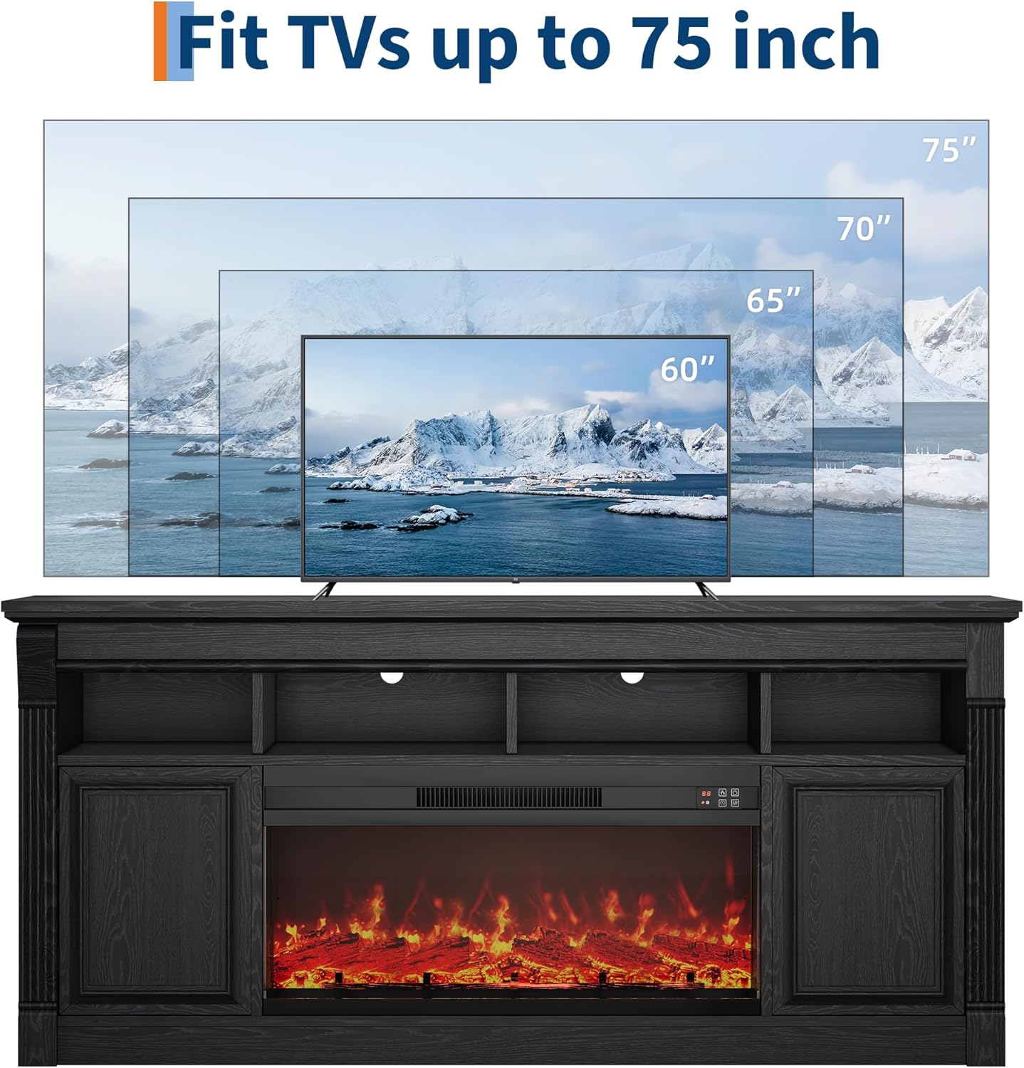 68" Farmhouse Electric Fireplace TV Stand for TV Up to 75", Entertainment Center with 36'' Fireplace, Console Table TV Cabinet with Open Storage Shelves for Living Room