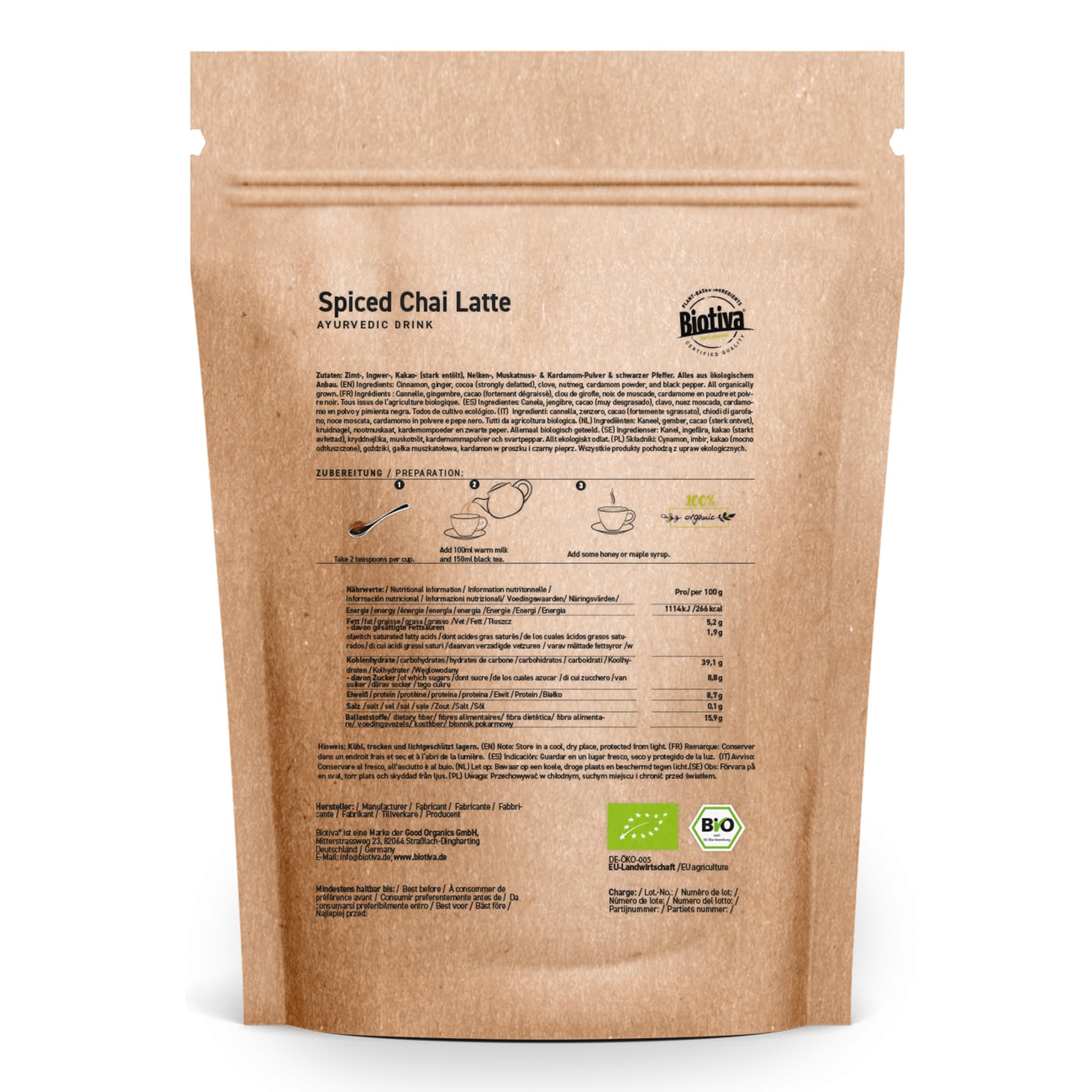 Biotiva Chai Latte orgánico 100g - bebida ayuverdica - mezcla de especias de canela, cardamomo, cacao, clavo, nuez moscada en polvo y pimienta negra - vegano