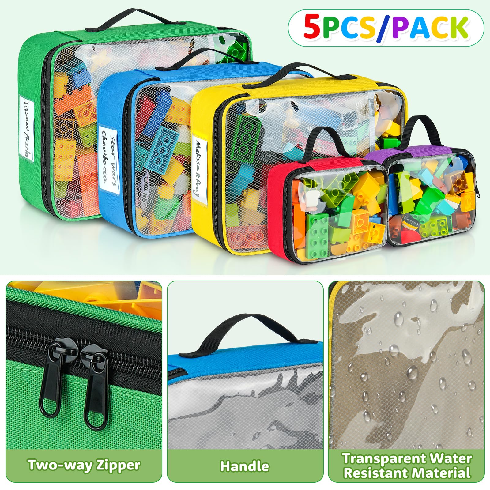 4 Sacchetti Porta Giocattoli In PVC Trasparente Con Cerniera - XL 26x33 Cm, Con Tasche Laterali In Rete, Per Lego E Puzzle