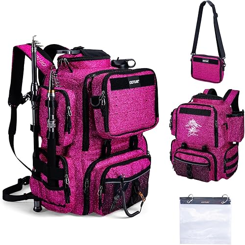 Miniatura 18 de Goture Mochila de pesca, mochila 900D resistente al agua con soportes para caña, bolsa de aparejos de pesca de gran tamaño de 58 L con bolsa cruzada