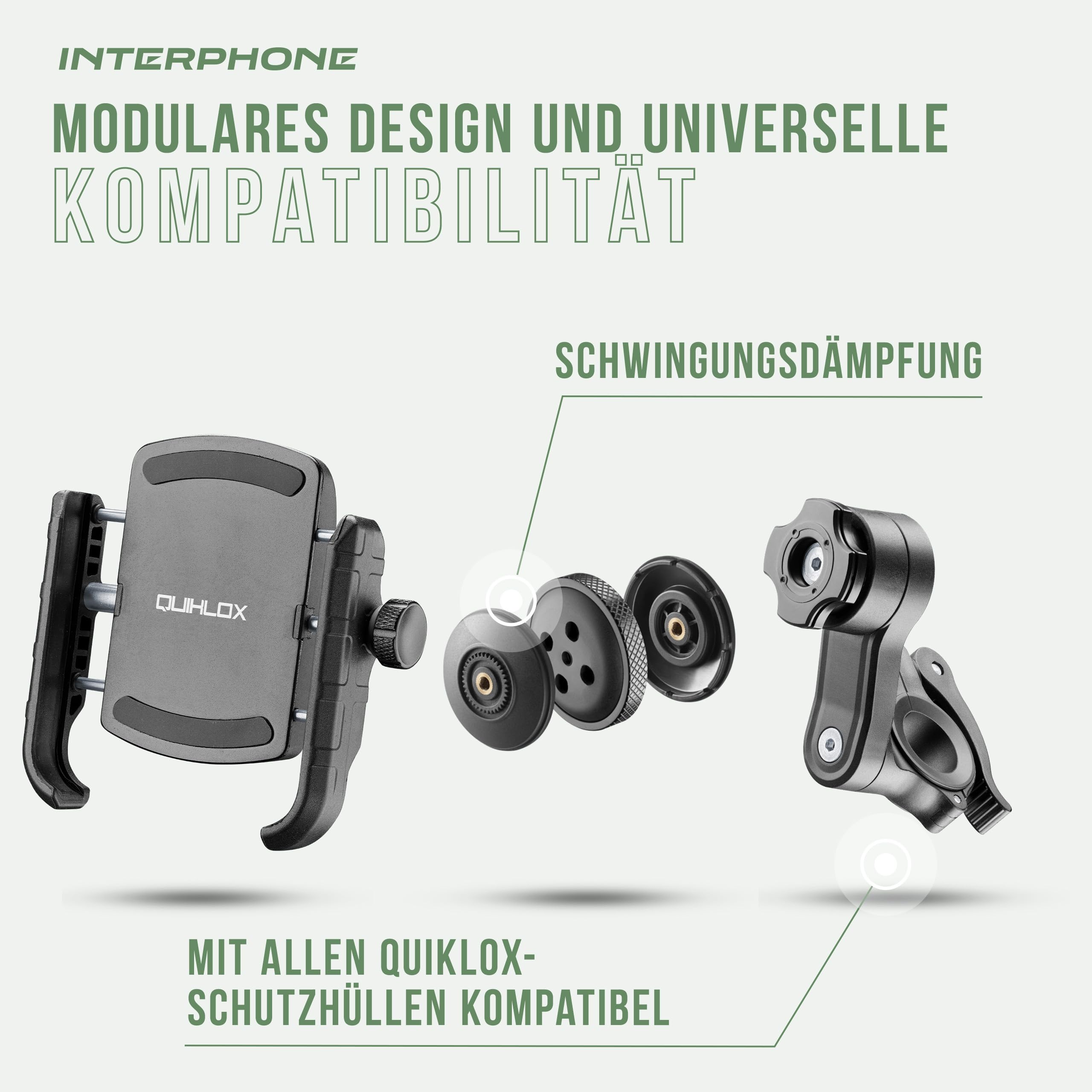 Interphone - Quiklox Modular System - Uchwyt na telefon do motocykla-uniwersalny uchwyt na smartfona (od 3,5" do 7,5") do kierownicy Quiklox lub wsporników lusterek-szybkozłączka