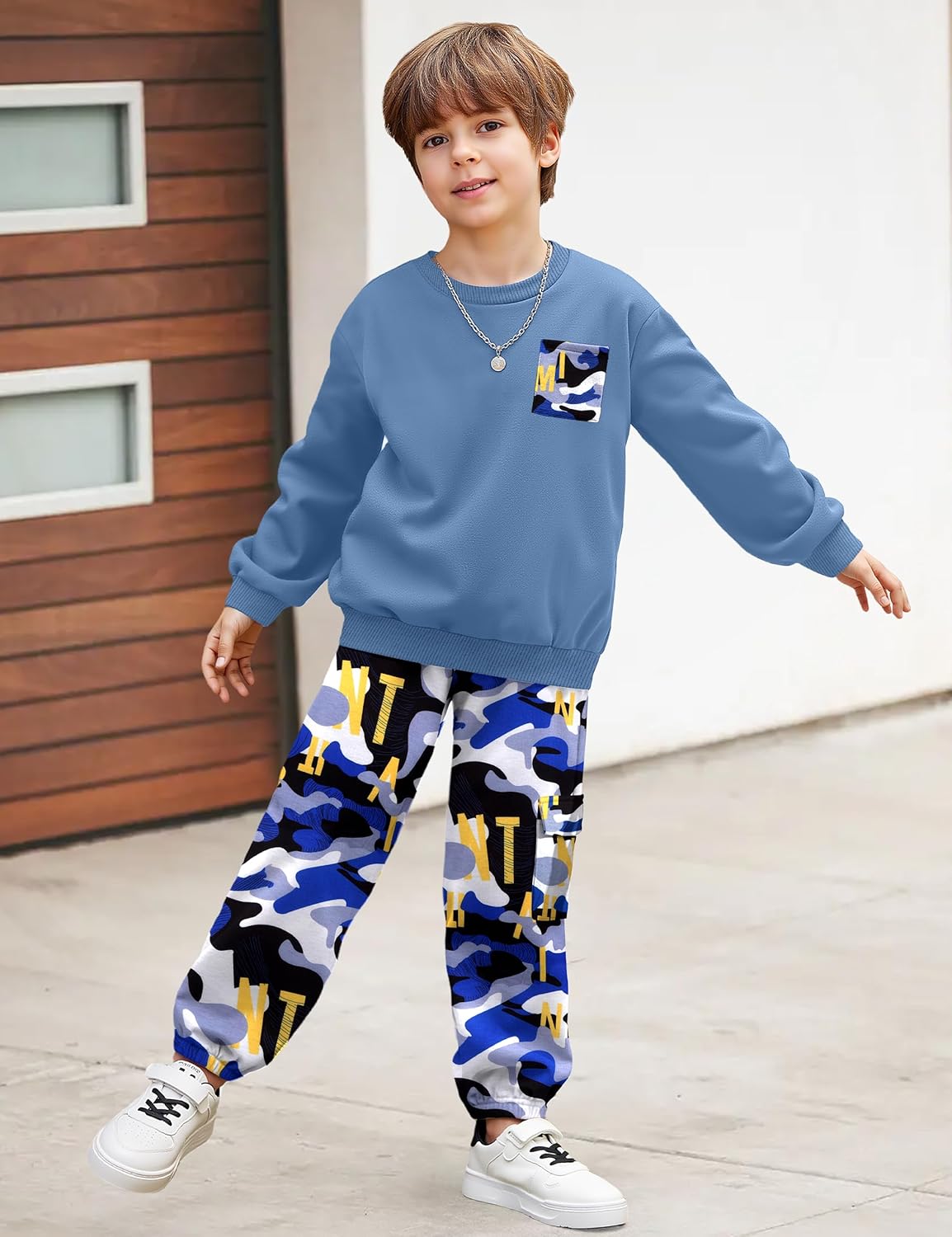WIQI Boys Clothes 2 Piece Long Sleeve Pullover Sweatshirt and Camouflage Sweatpants Fall Winter Outfits Set 6-14Y - Image 3