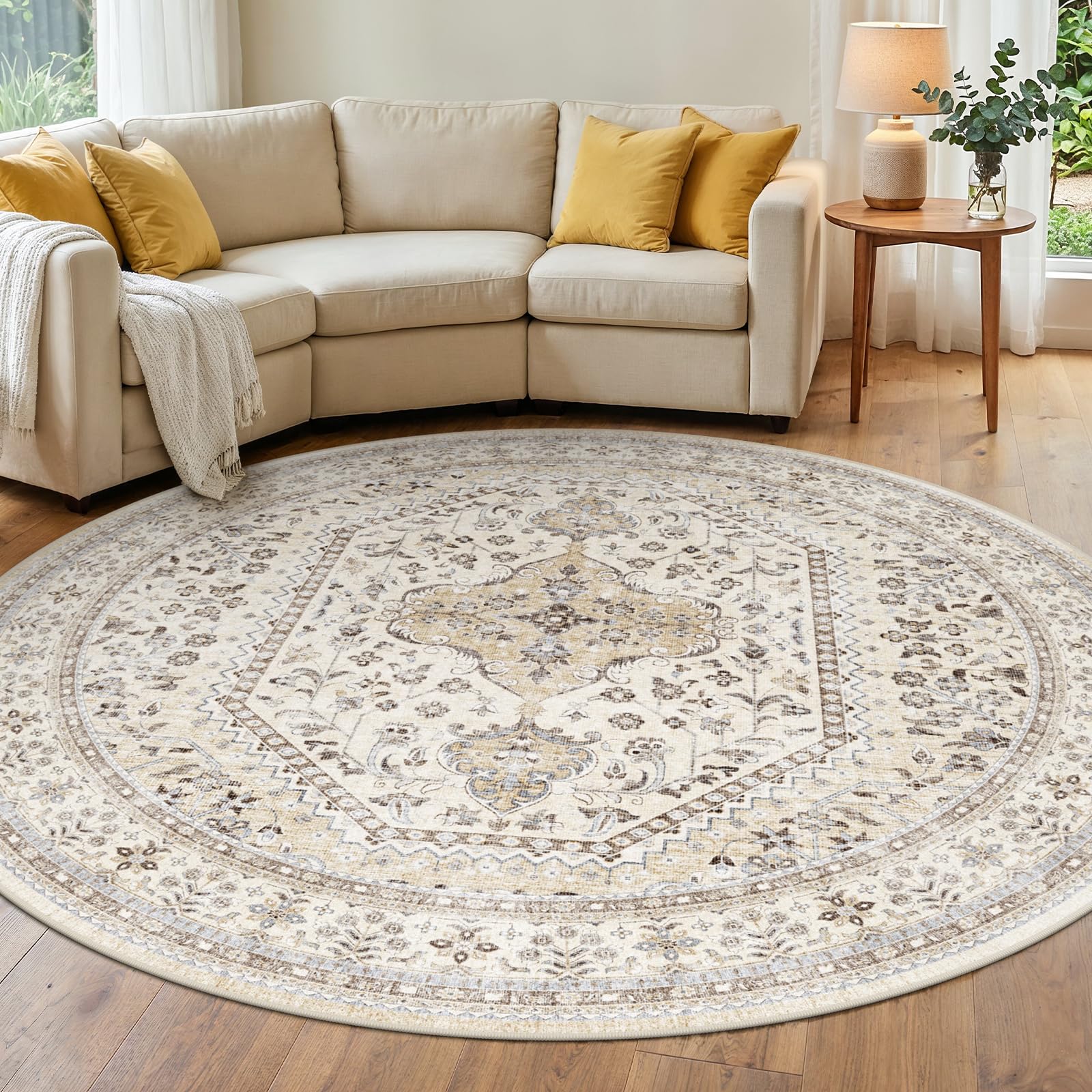 Puino 7Ft Round Rug Washable: Non-Slip Boho Living Room Circle Area Rugs