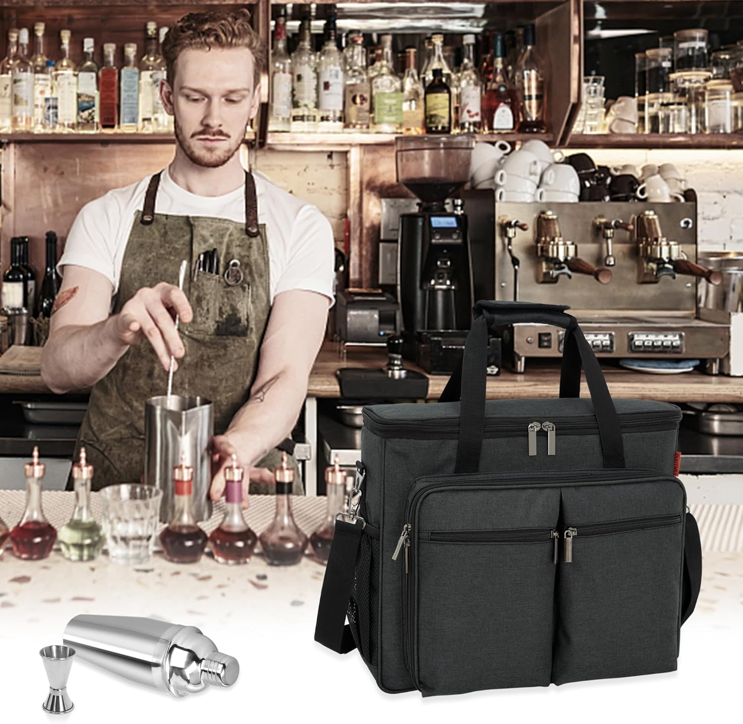 Bartender Bag, Bartender Kit Travel Bag for Cocktail Shaker Set, Portable Carrying Case with Compartments for Wine Bottles, for Travel Home Indoor Outdoor Party(Bag Without Tools)