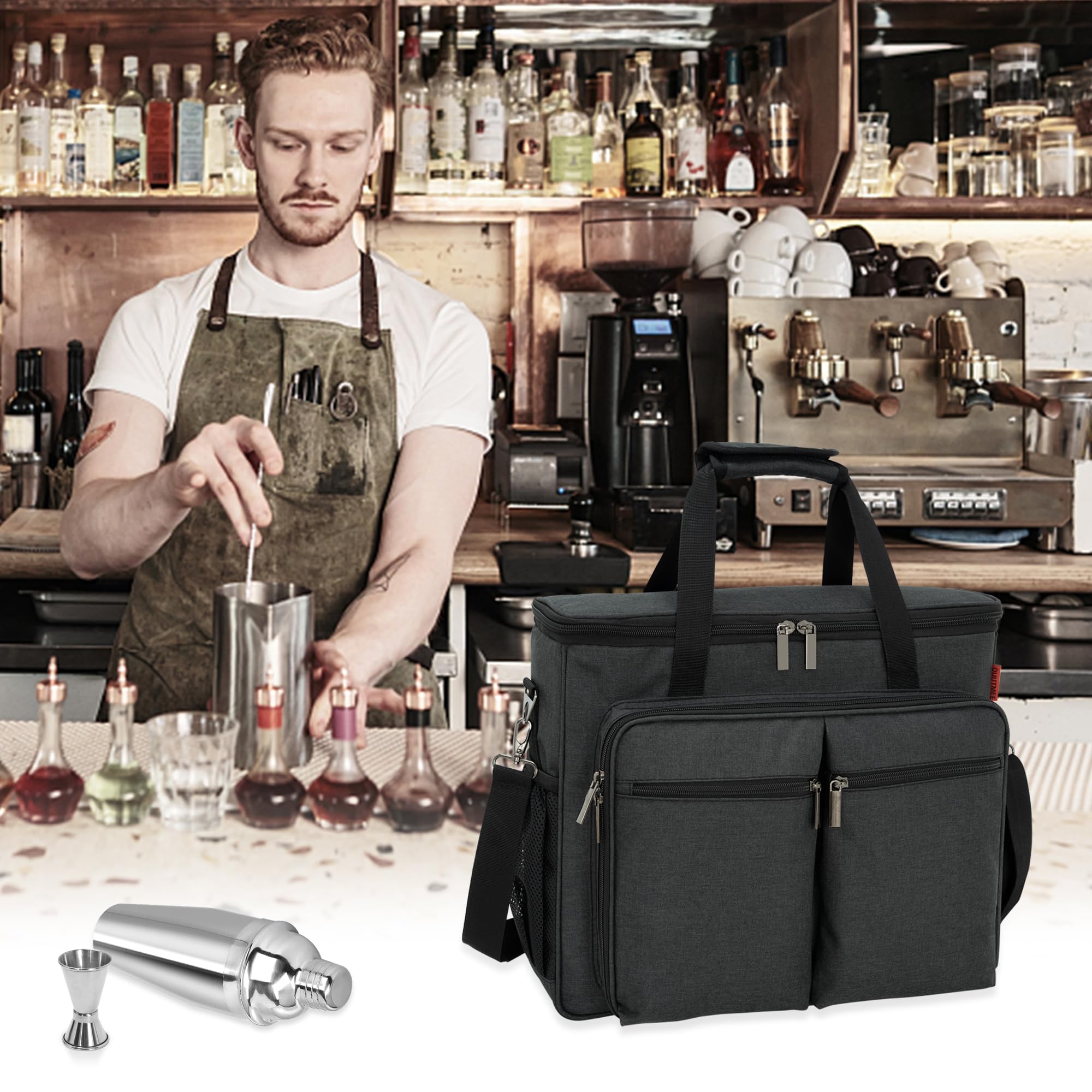 OUUTMEE Borsa da barista, kit da viaggio per shaker da cocktail, custodia portatile con scomparti per bottiglie di vino, per viaggi, casa, feste al chiuso e all'aperto (borsa senza attrezzi)