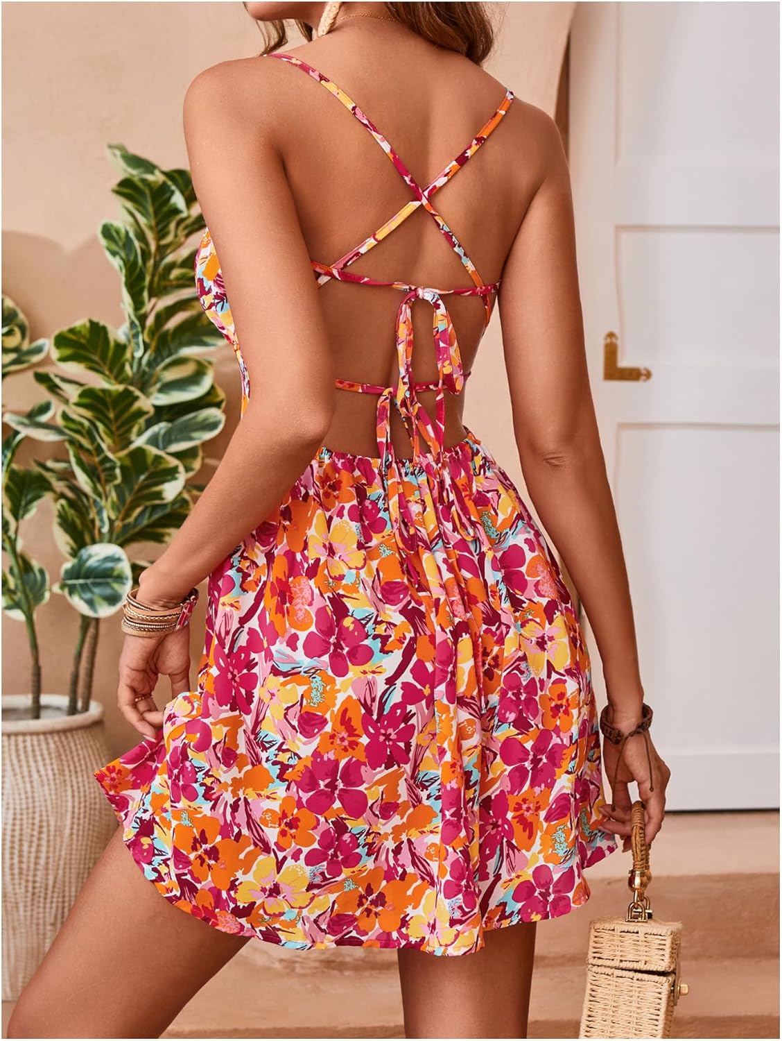 WDIRARA Women's Summer Floral Print Ruched Tie Backless Slip Dress Flared Hem A Line Short Cami Dress - Image 3