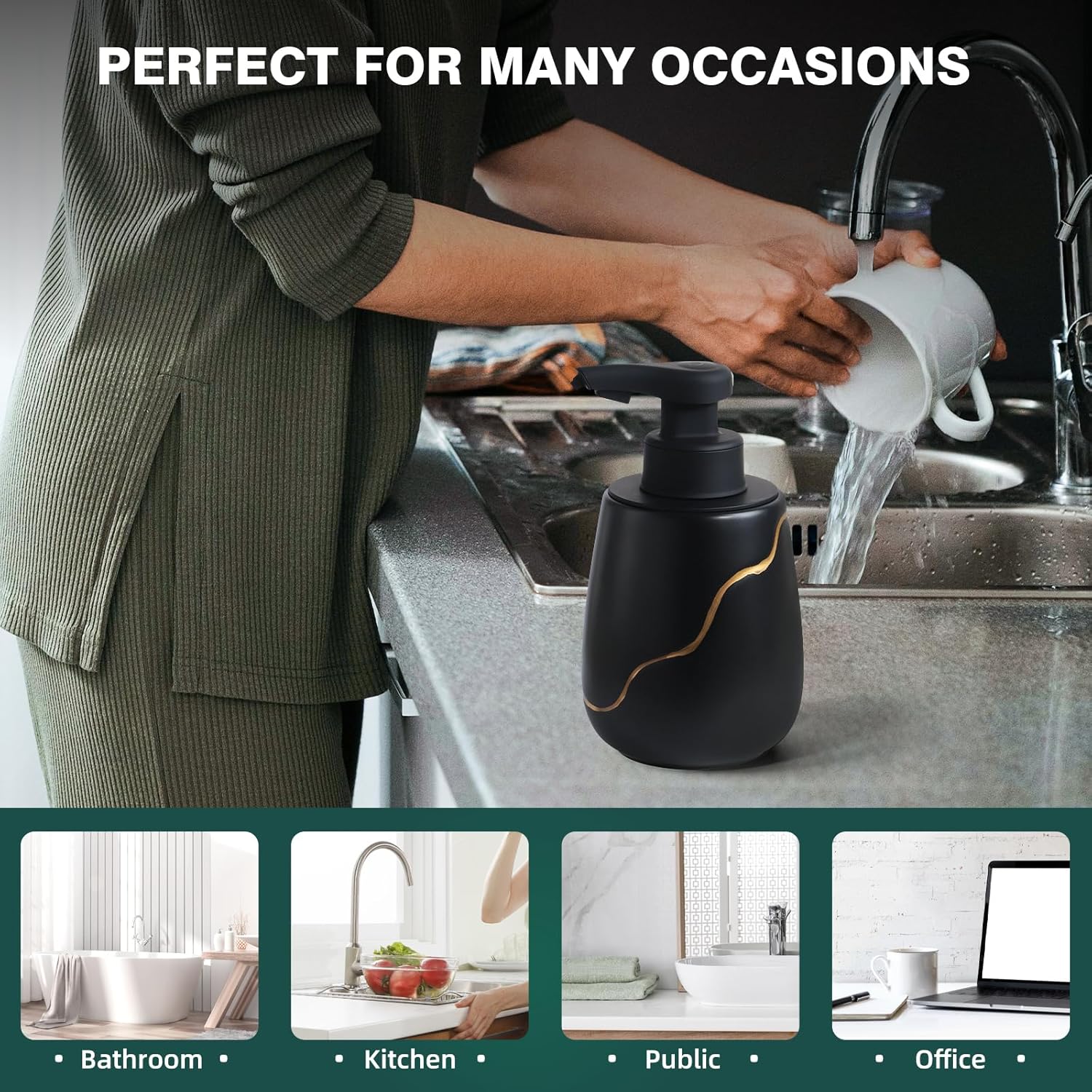 BosilunLife Automatic Foaming Soap Dispenser - Touchless Foam Hand Wash Dispenser for Bathroom Black Ceramic Smart Electric Auto Dish Soap Dispenser Waterproof, USB C Rechargeable, 17 oz/500 ml - Image 8