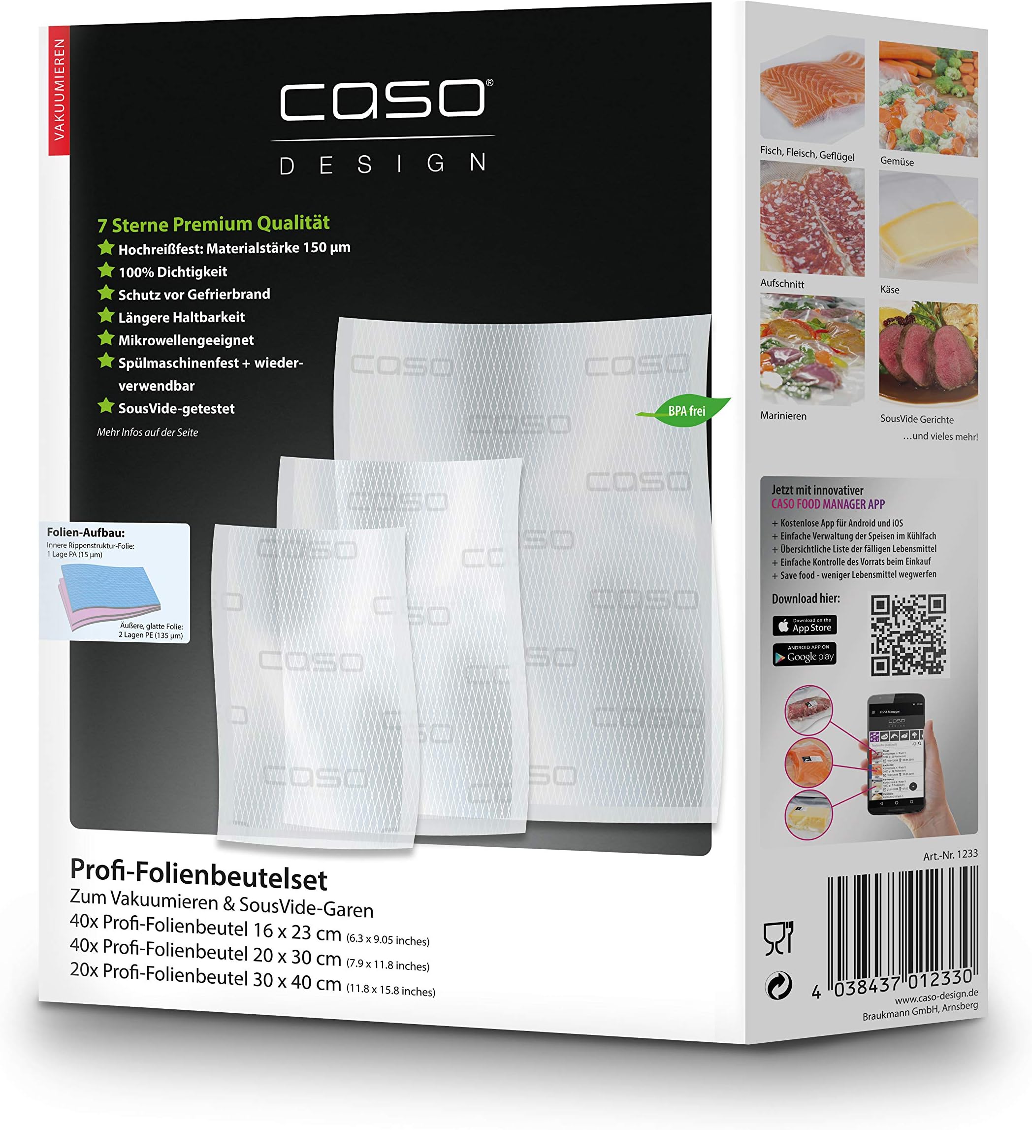 Caso Design Reusable Professional Grade Transparent BPA-Free Rectangular Food Storage Bag, 1233 Count, Self Seal, Clear