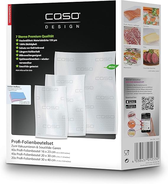 Caso Professional Foil Bags Set 5 40 Pieces 16 X 23 Cm 40 Pieces X 30 Cm Pieces 30 X 40 Cm 150 µm For Vacuum Sealers Film Caso Professional Foil Bags Set 5 40 Pieces 16 X 23 Cm 40 Pieces X 30 Cm Pieces 30 X 40 Cm 150 µm For Vacuum Sealers Film