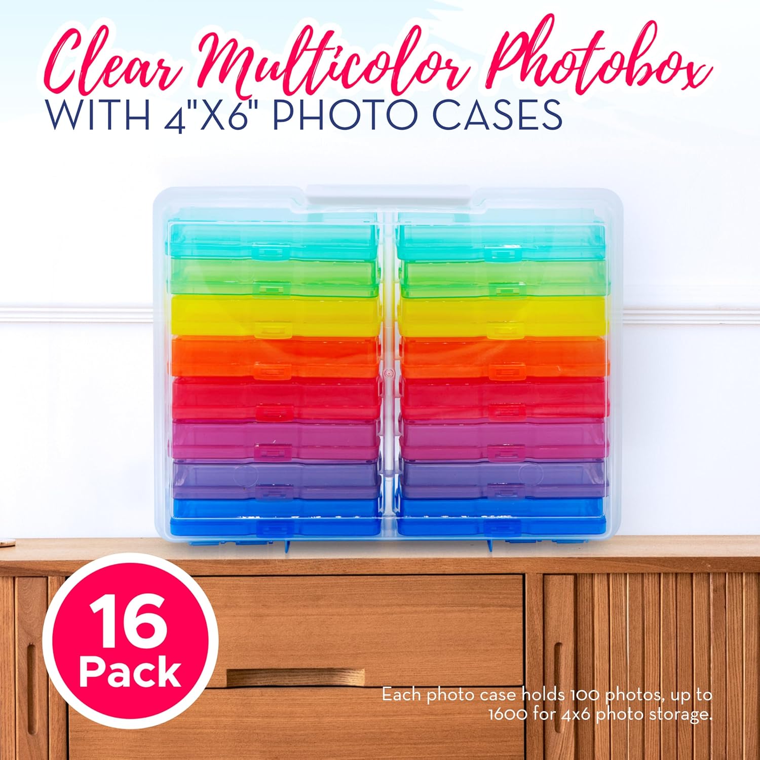 4E's Novelty 16 Pack Clear Multicolor Photo Box for Crafts, Supplies 4x6 Photo Cases & Photobox, Classroom Storage and Organization Box Plastic Transparent for Scrapbooking Container Organizer