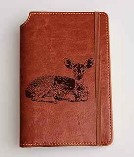 Your illustration engraved on journal with custom text leather bound, strip with the same color to keep it closed, jotter, scribbling pad, doe, deer, antler