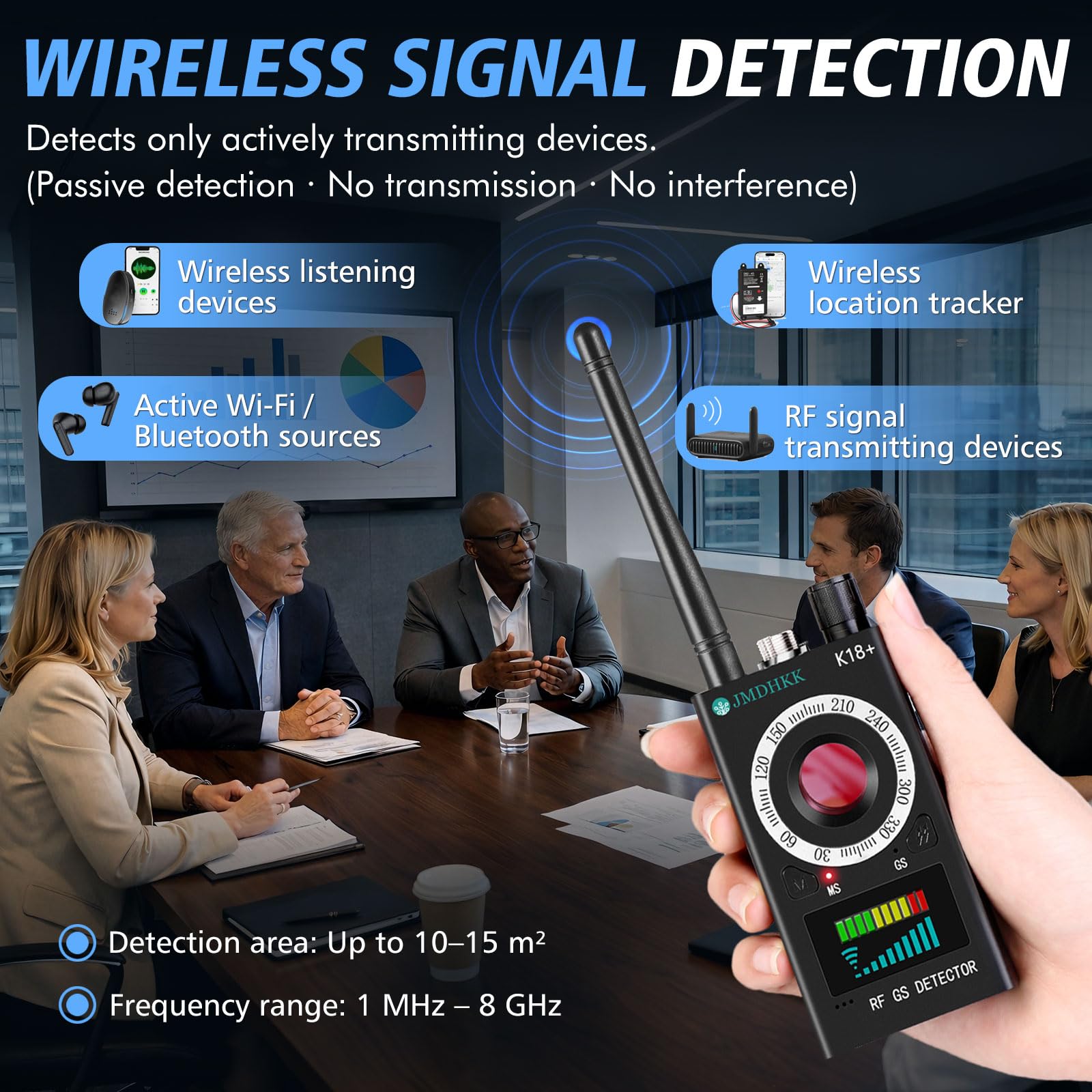 JMDHKK K18+ Detector de Cámaras Ocultas, Micrófonos, Campo Magnético y Dispositivos de Escucha (Negro)