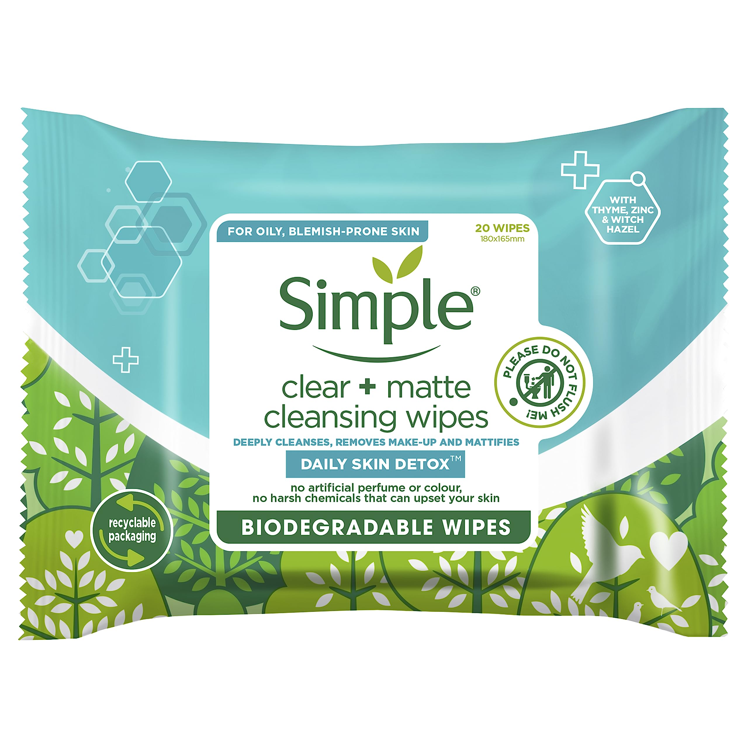 Simple Daily Skin Detox Clear + Matte Biodegradable Wipes with vitamin B3 cleansing make-up remover for oily skin 20 wipes