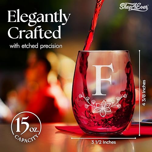 Miniatura 33 de Copa de vino con monograma floral grabada con letra inicial sin tallo, 15 onzas, regalo personalizado con monograma personalizado (A)