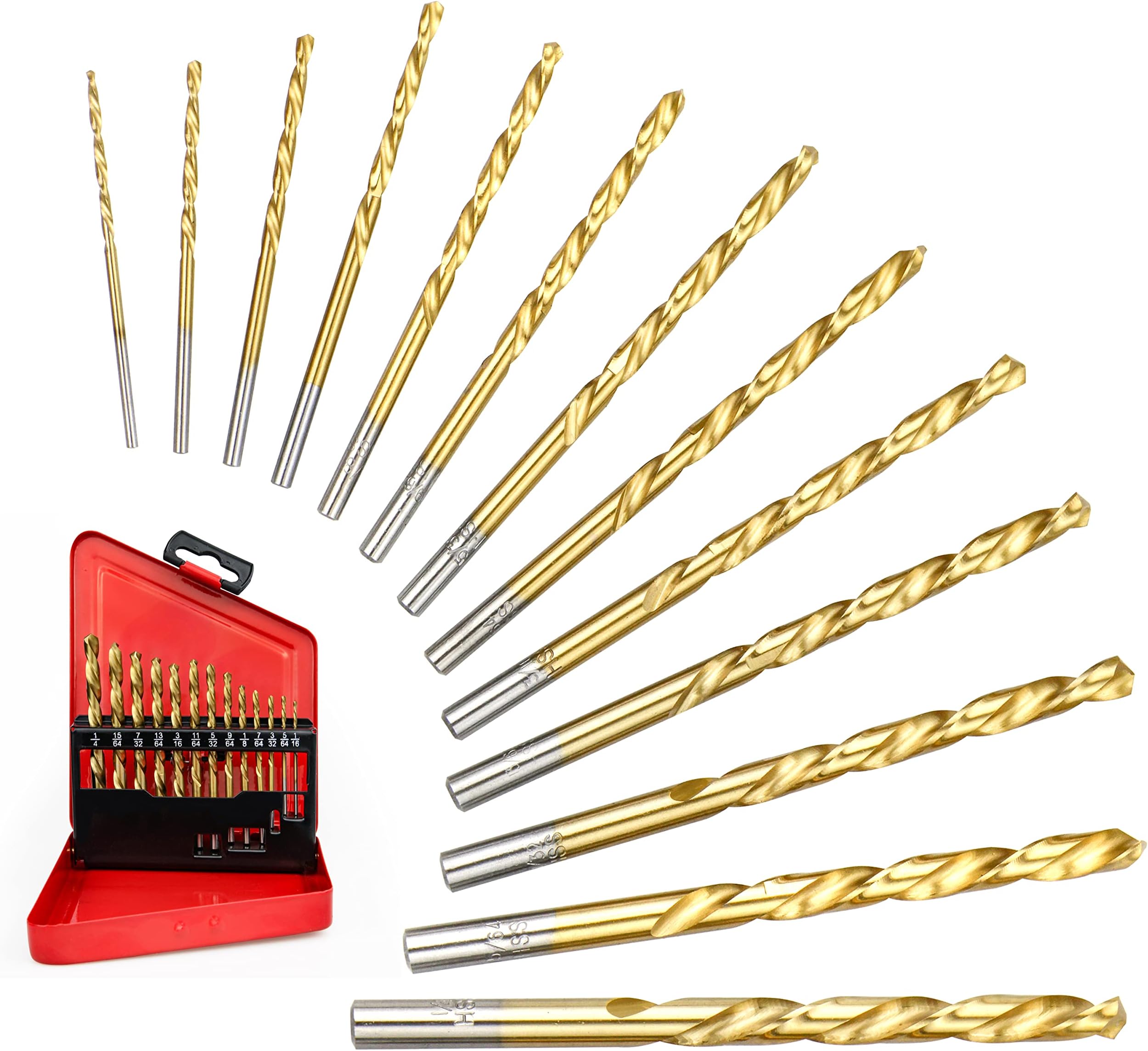 13PCS Left Hand Drill Bit Set 1/16"-1/4" Titanium Twist Reverse Drill Bits Fit for Cutting Metal, Cast Iron, Hard Plastics and Wood, and Softer Materials