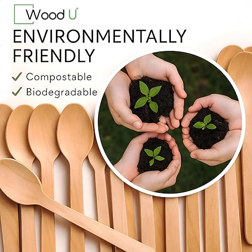 Miniatura 6 de WoodU - Cucharas de madera desechables  100% naturales, ecológicas, biodegradables y compostables - Paquete de 200 cucharas de 6.5 pulgadas
