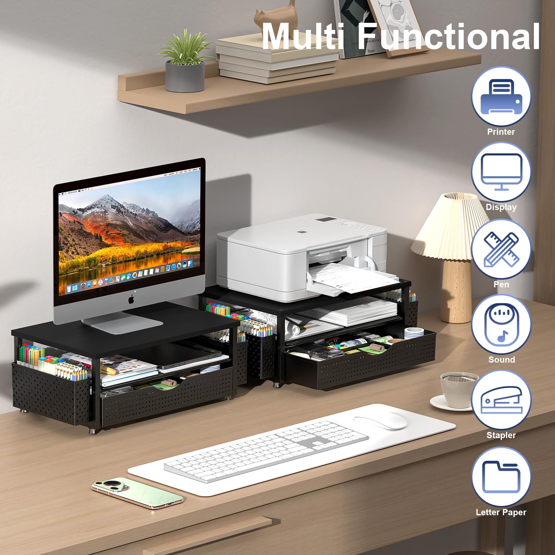 Organizador de escritorio y accesorios, soporte elevador para monitor de computadora con cajón y 2 soportes para bolígrafos, accesorios de escritorio de oficina y organizadores de espacio de trabajo 4