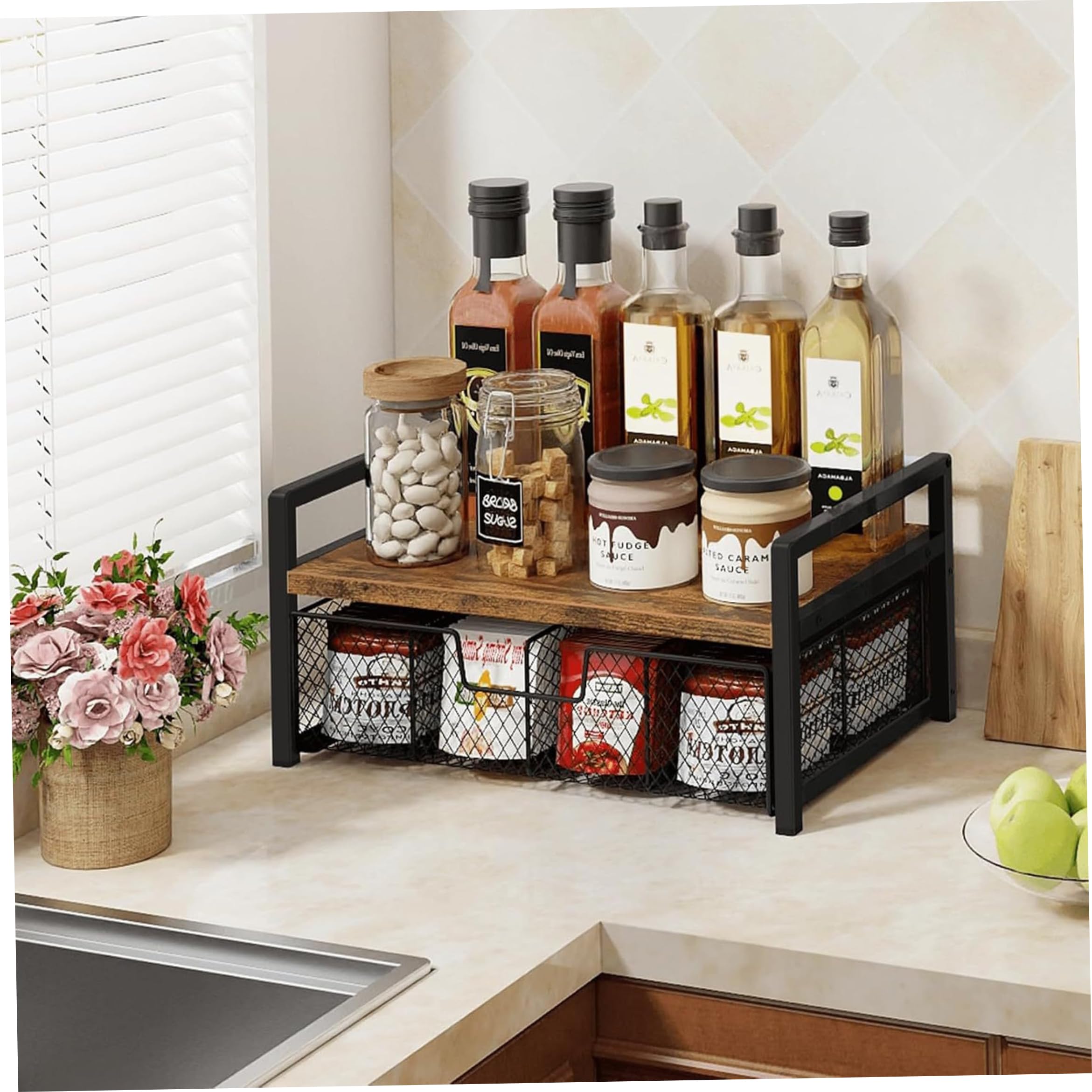Kaffeestation-Organizer, 2-stöckige Teebeutel-Aufbewahrung mit ausziehbarer Schublade, Küchenarbeitsplatte für Pads und Teebeutel – Tigerholz und Schwarz, Kaffeestation-Organizer