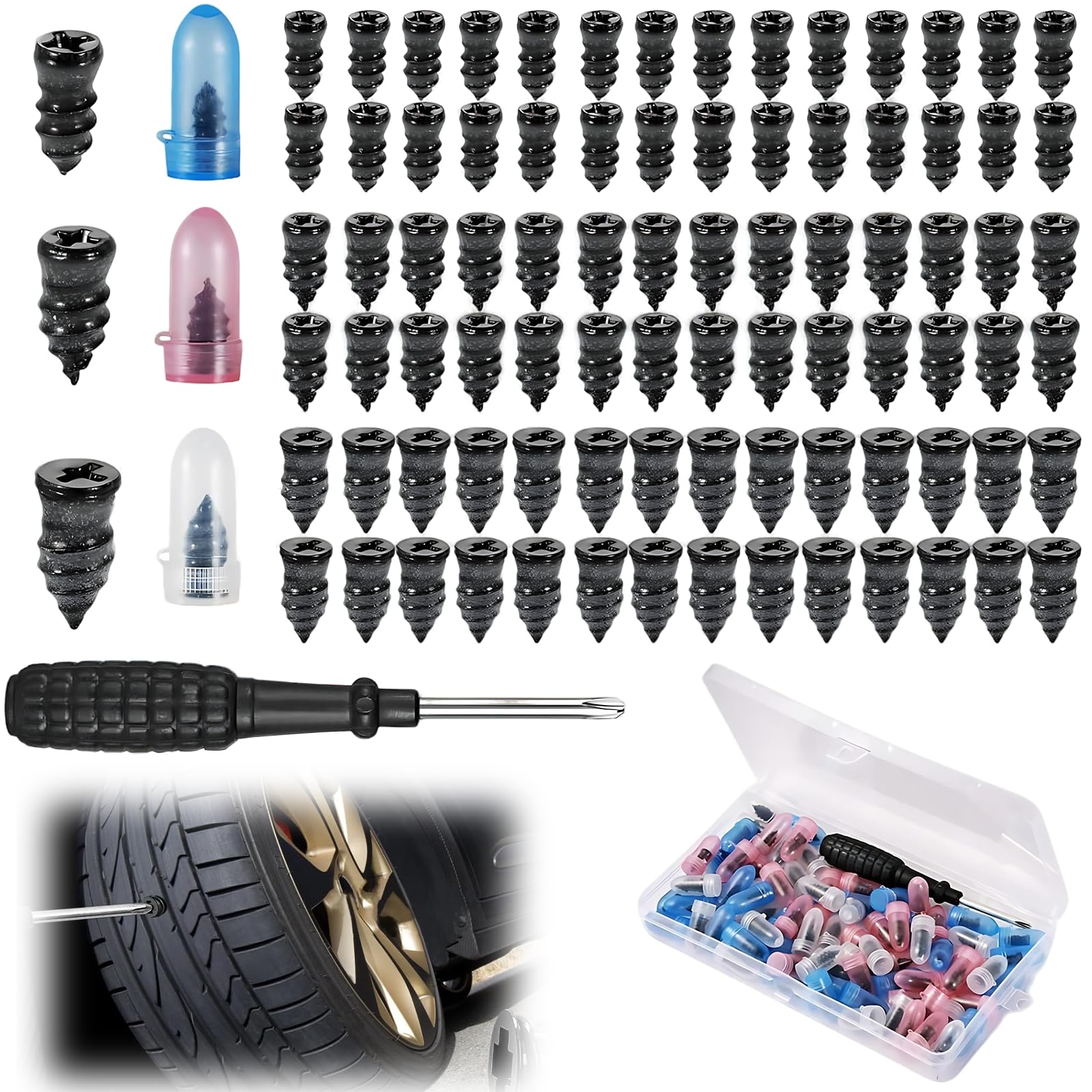 85 Pcs Tyre Repair Screws, Fast Self-Service Rubber Nails, Car Tyre Puncture Repair Kit, Universal Tire Plugs Emergency Accessories for Motorcycle Auto Car Truck Tractor, 3 Sizes (28S+28M+28L)