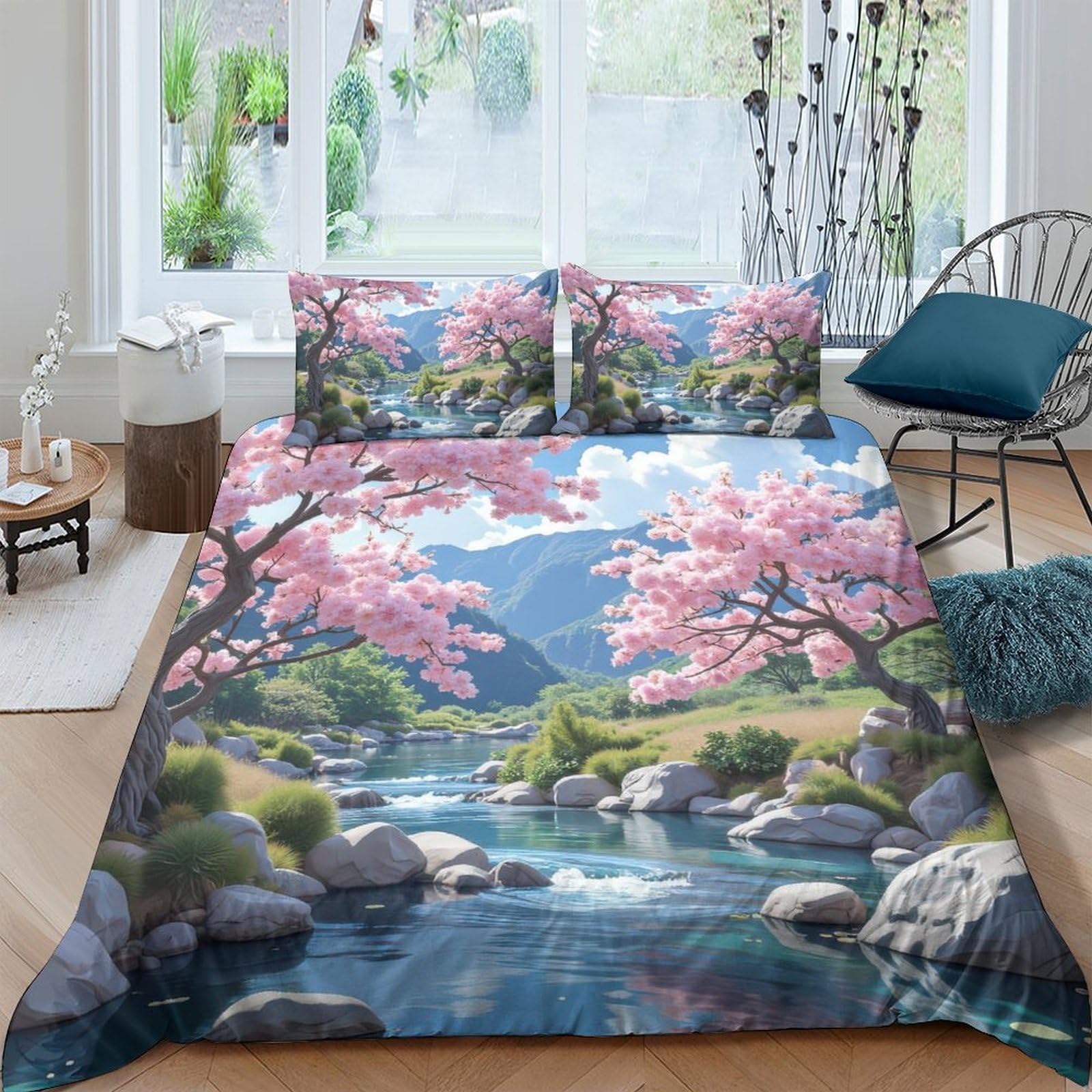 Ctjqhvkz Style-2 3D Printed Cherry Blossom River Fitted Sheet Microfiber Soft Decor Scenic Mountain Bed Cover For Bedroom Guestroom Single（135X200cm）