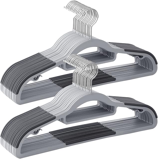 SONGMICS Set of 30 Clothes Hangers, Non-Slip Plastic Hangers, Space-Saving Coat Hangers, 0.5 cm Thick, 42 cm Long, Silver 360° Swivel Hook, Light Grey and Dark Grey CRP20G30