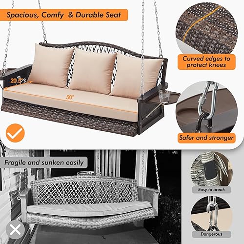 Miniatura 2 de Columpio colgante de mimbre mejorado para porche, resistente de 900 libras, 3 asientos, para patio, para adultos, con cadenas colgantes de 8.9 pies,