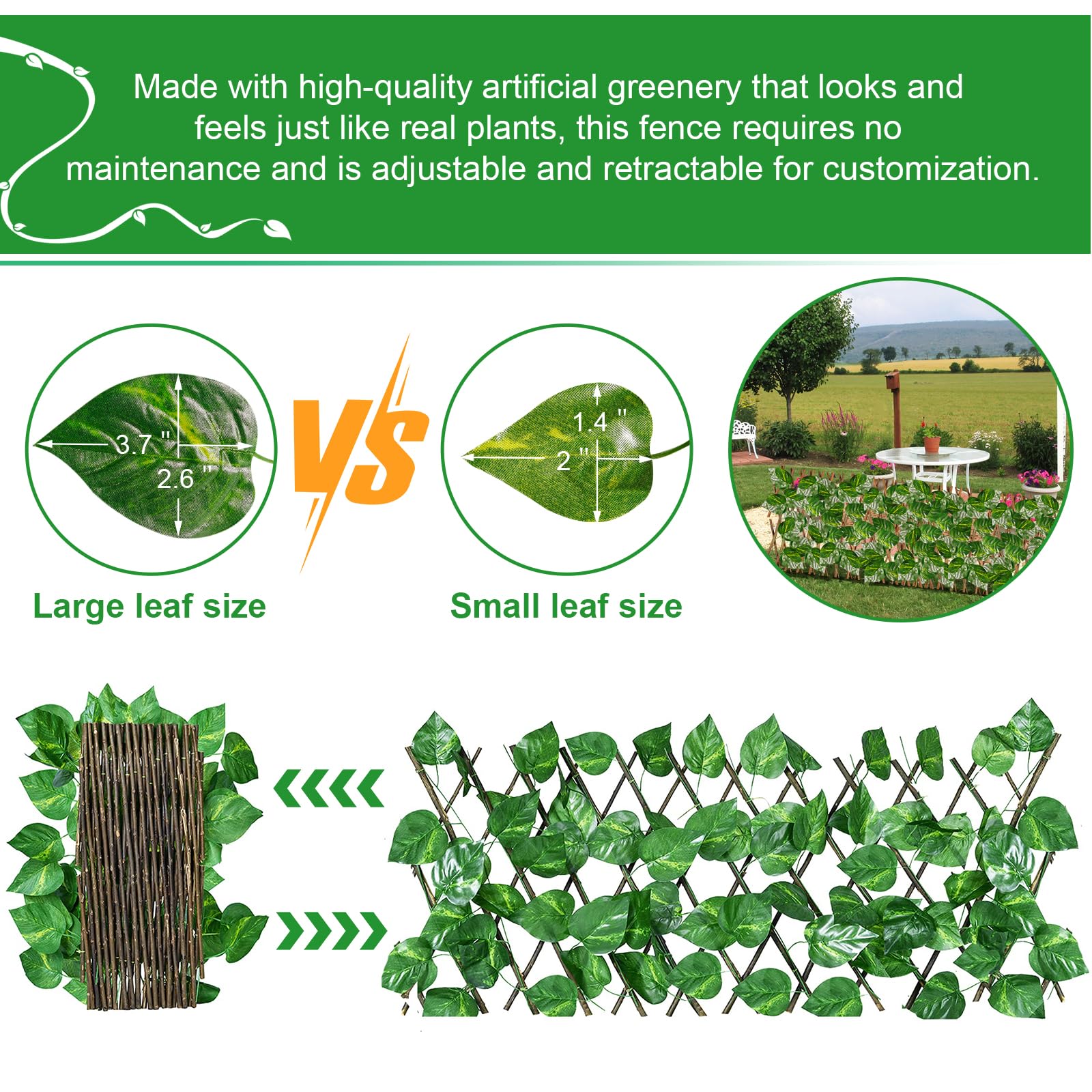 REOVE Artificial Leaf Screening, Adjustable Retractable Fence, Green Leaf, Large Leaf - Image 4