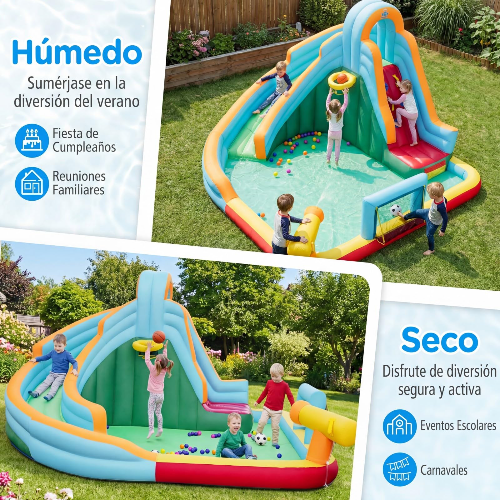 COSTWAY Castillo Hinchable Niños con Tobogán AcuáTico, Parque Infantil Inflable con Bolas Oceánicas, Fútbol, Baloncesto, Muro de Escalada, Aro, Portería y Cañón de Agua para 3 a 12 Años (Sin Soplador)