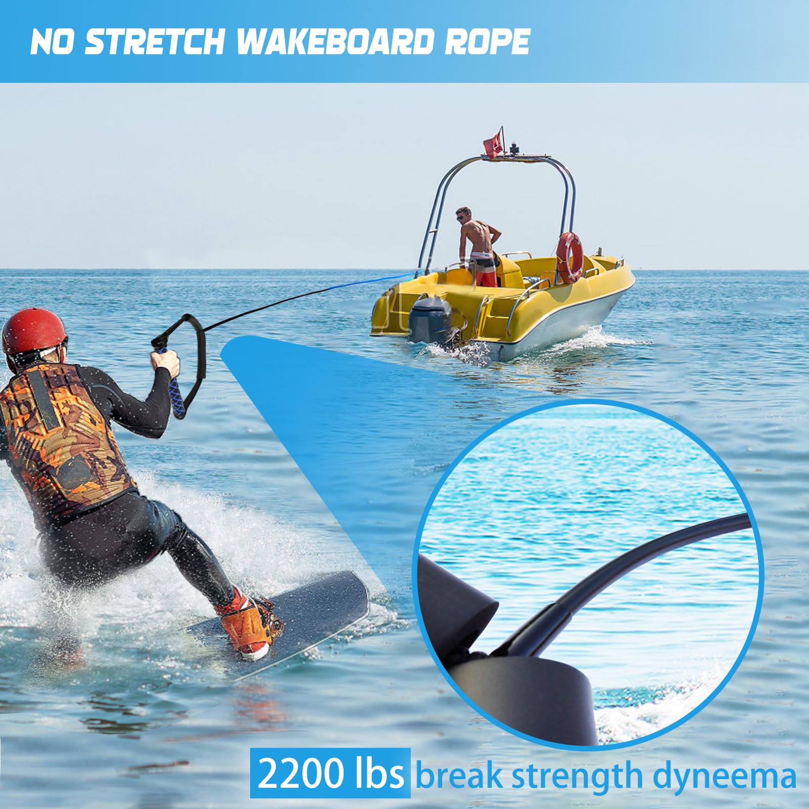 ASVAEVAS 75FT Wakeboard Rope and Handle, No Stretch Dyneema Wakeboard Tow Rope, 4 Sections Floating Water Ski Ropes for Wakeboarding, Waterskiing, Kneeboarding and Wakesurfing