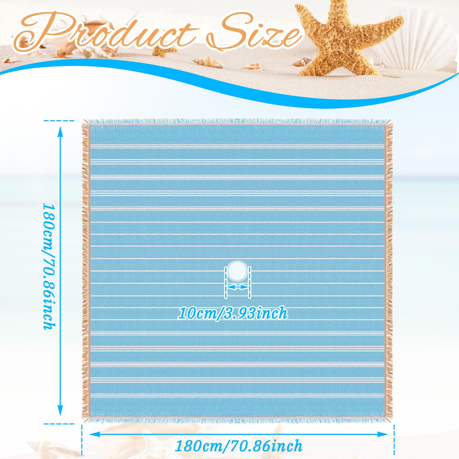Oversized Turkish Beach Blanket with Hole for Umbrella Cotton Extra Large Sand Free Beach Blanket Mat with Fringe Holiday Outdoor Picnic Travel Essentials Favorites, 70 x 70 Inches