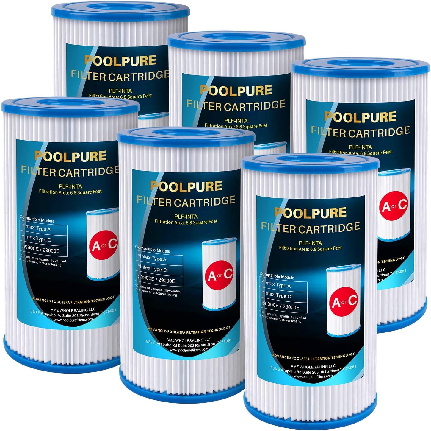 POOLPURE Zamienny filtr do typu A lub C, kompatybilny z Intex 29000E/59900E, łatwy zestaw filtrów basenowych, letnie ucieczki lub letnie fale nad basenami ziemi, opakowanie 6 sztuk