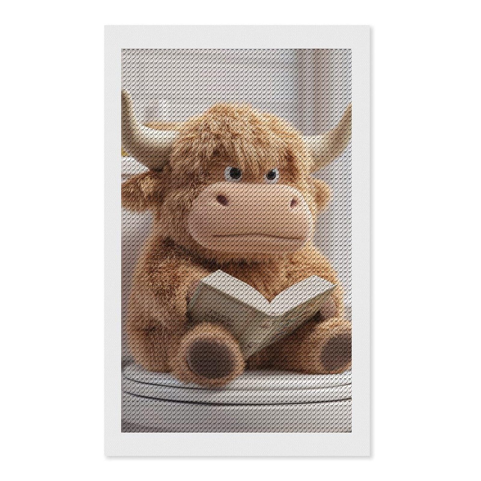 Junmoney Stuffed Highland Cow Reading on Toilet Diamond Art Kit 12"x20", Creative Leisure Activity, Complete Accessories, Vintage Style Decor, for Women
