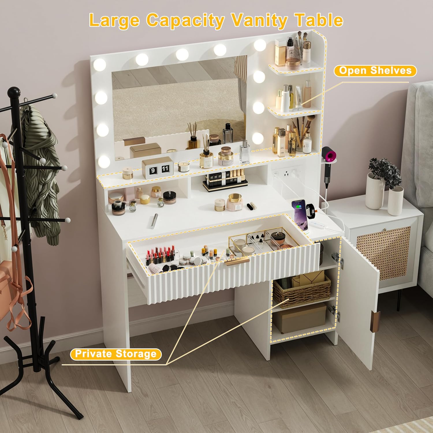 Vanity Table with 3-Color Dimmable LED Lights and Mirror, Fluted Makeup Desk with Charging Station & Power Outlet, Large Storage Cabinet & Drawer for Bedroom, Anti-Tip Safety, White