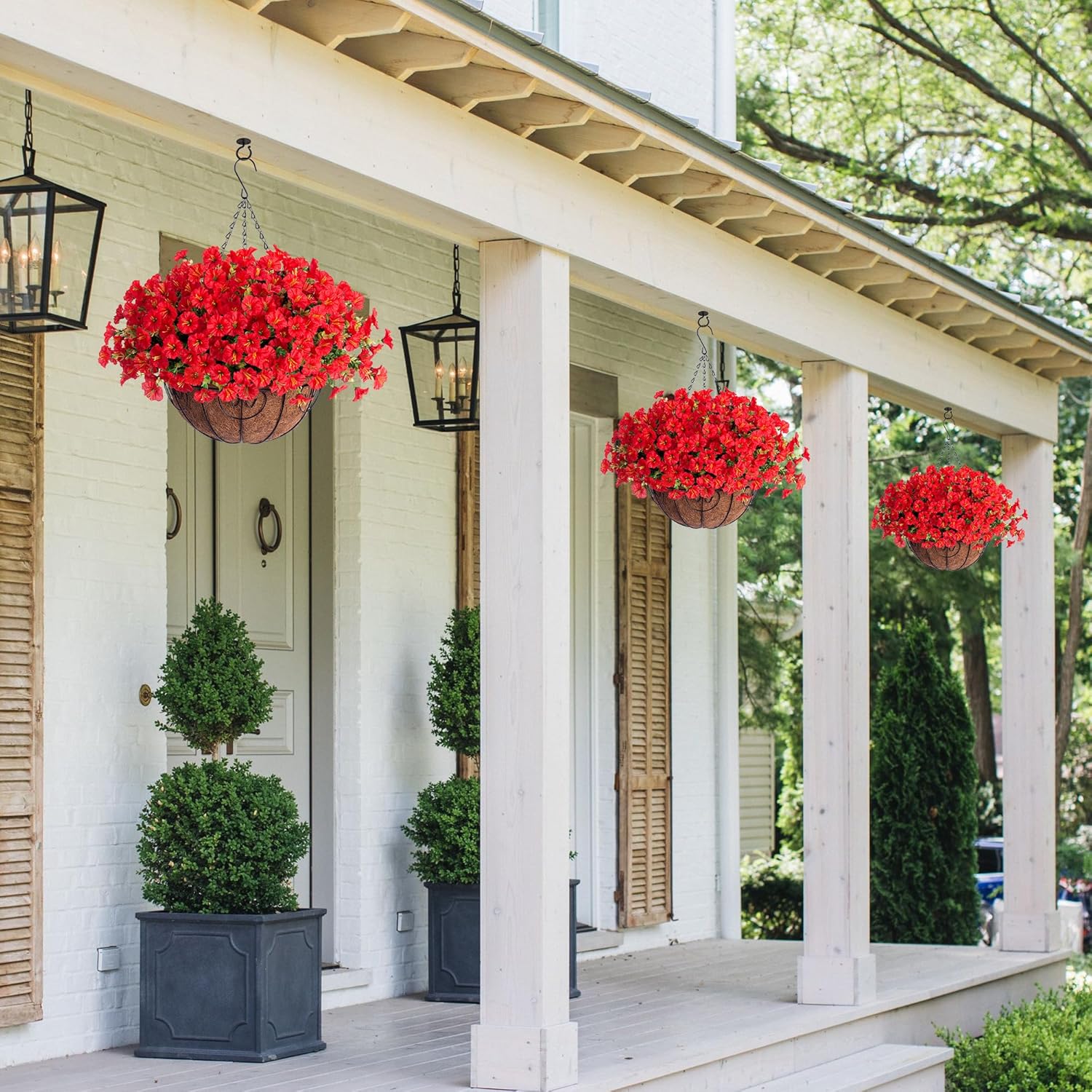 Ivydale Artificial Faux Hanging Flowers Plants Baskets for Outdoors Outside Spring Decoration, Fake Silk Red Morning Glory UV Resistant Look Real for Front Door Porch Patio Balcony Yard Garden Home - Image 2