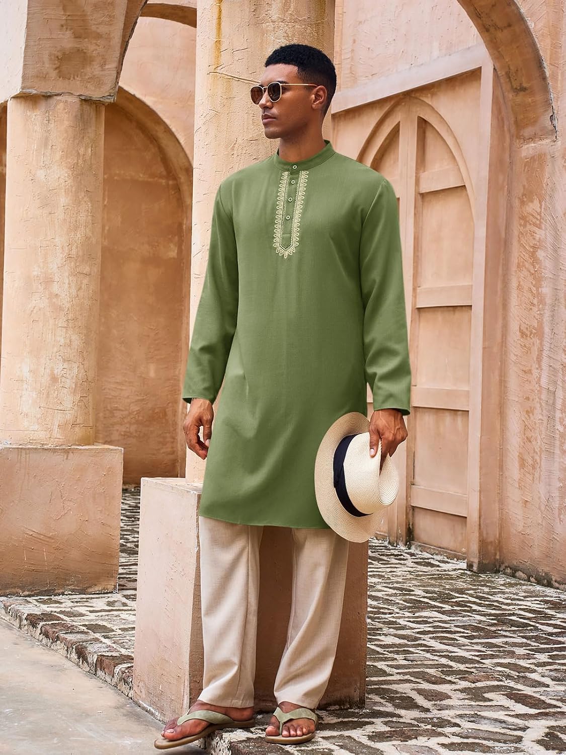 Yousify Mens Kaftan Thobe Casual Henley Shirts Button up Long Sleeve Robe Muslim Gown Shirt