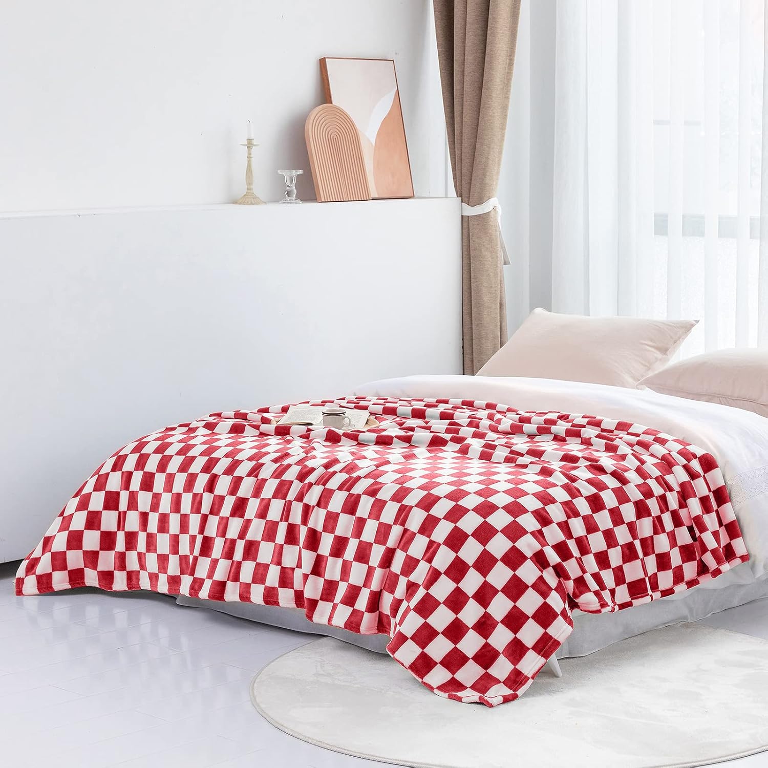 LOMAO Throw Blankets Flannel Blanket with Checkerboard Grid Pattern Soft Throw Blanket for Couch, Bed, Sofa Luxurious Warm and Cozy for All Seasons (Red, 50"x60") - Image 7