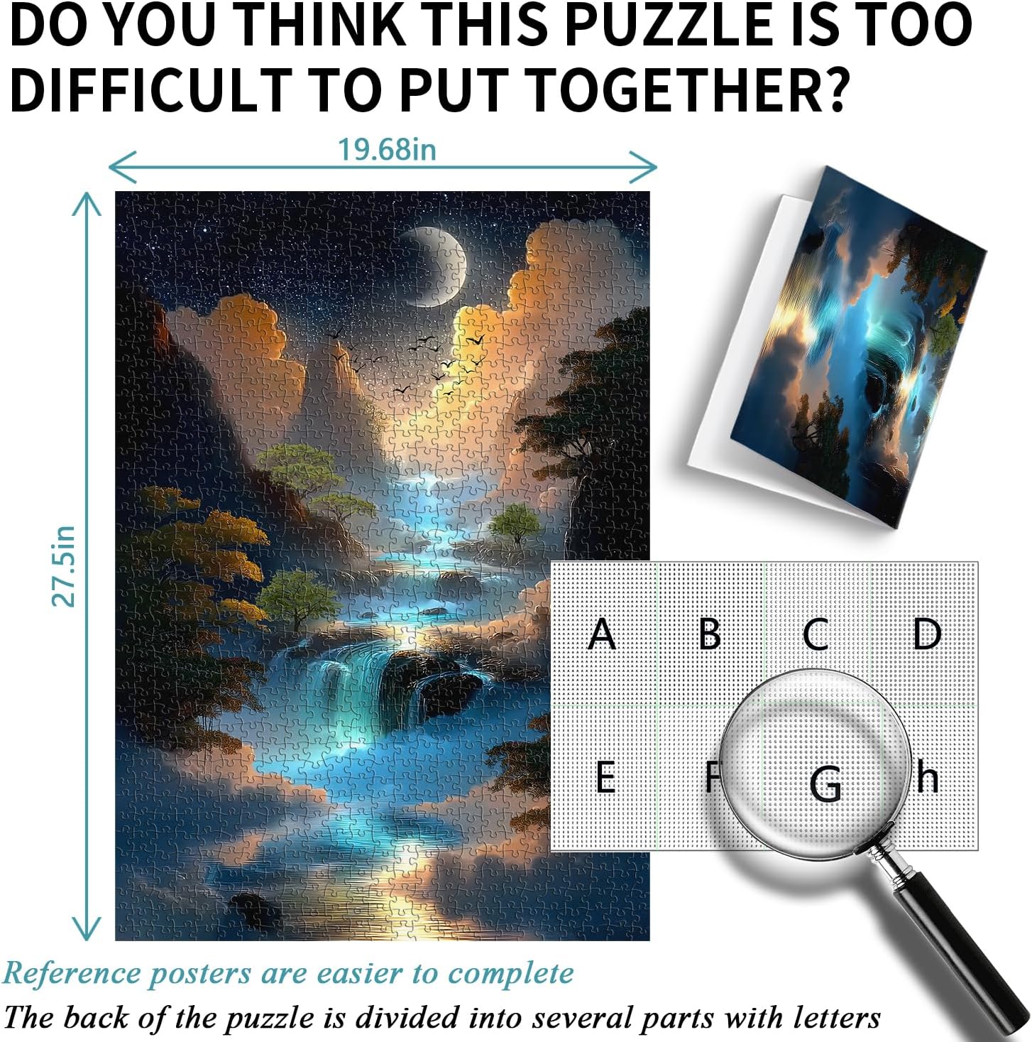 Nature Puzzles for Adults 1000 Pieces, PICKFORU Difficult Waterfall Jigsaw Puzzle Bird Mountain, Challenging Impossible Moon Starry Night Theme as Wall Art