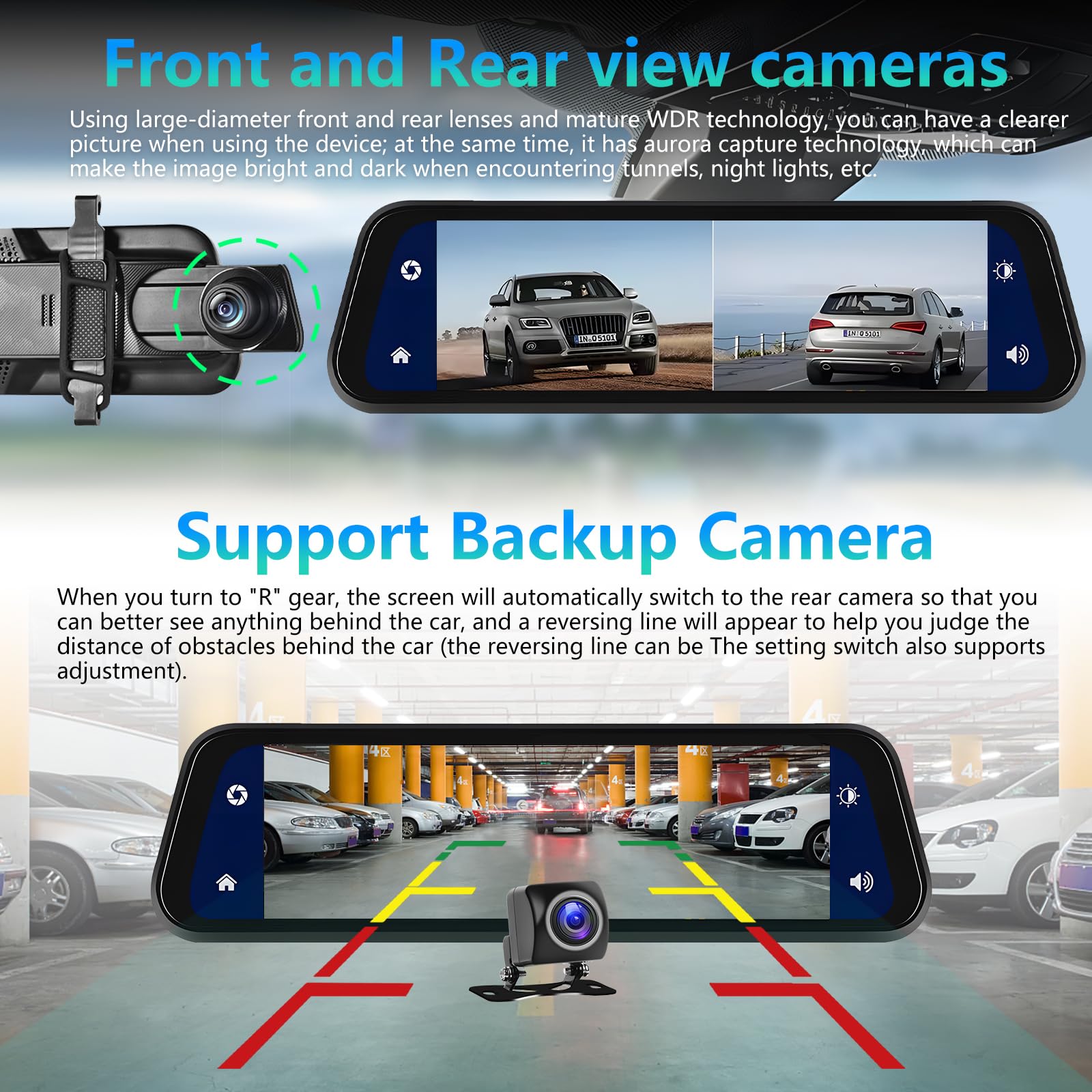 Podofo Specchietto Retrovisore Dash Cam 9.66" IPS Touch Screen Con Wireless Carplay, Android Auto, Dual 1080P Dashcam, 2 Schermi Divisi